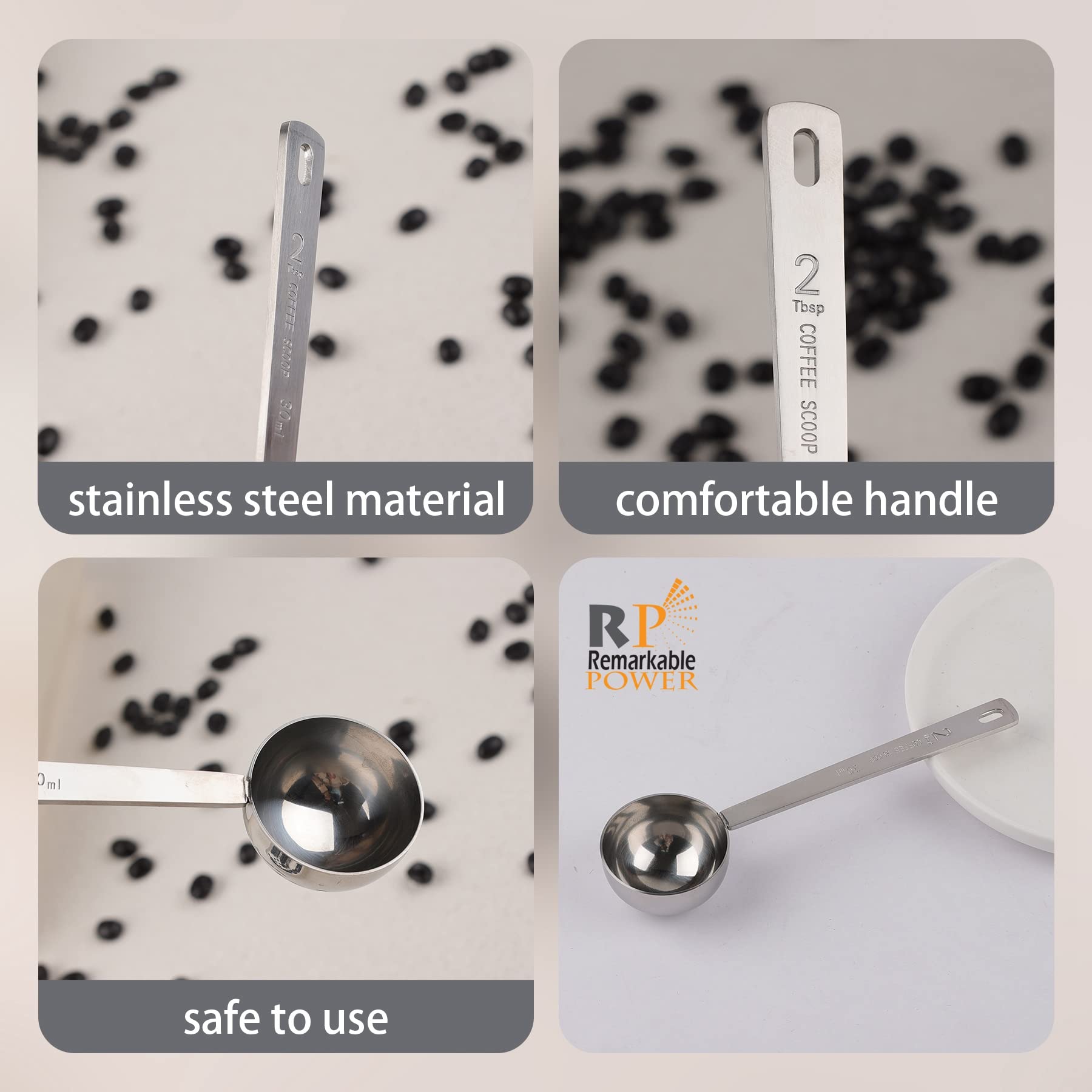 Rp Remarkable Power, 4 Pack 30 Ml Silver Stainless Steel Coffee Measuring Scoops With Long Handle 2 Tablespoon Long Handle Spoon