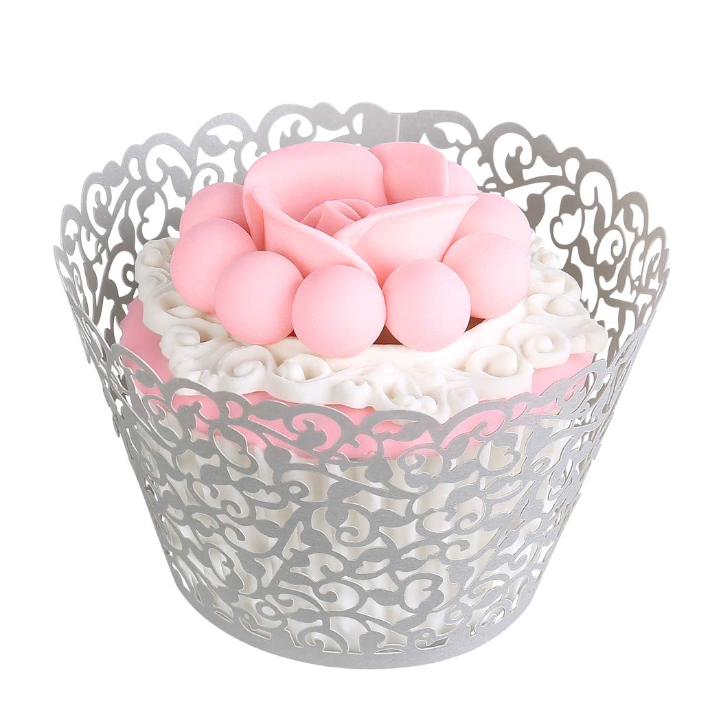 Benbilry 50 Pcs Cupcake Wrappers Artistic Bake Cake Paper Cups Laser Cut For Wedding Party Birthday Decoration (Grey)