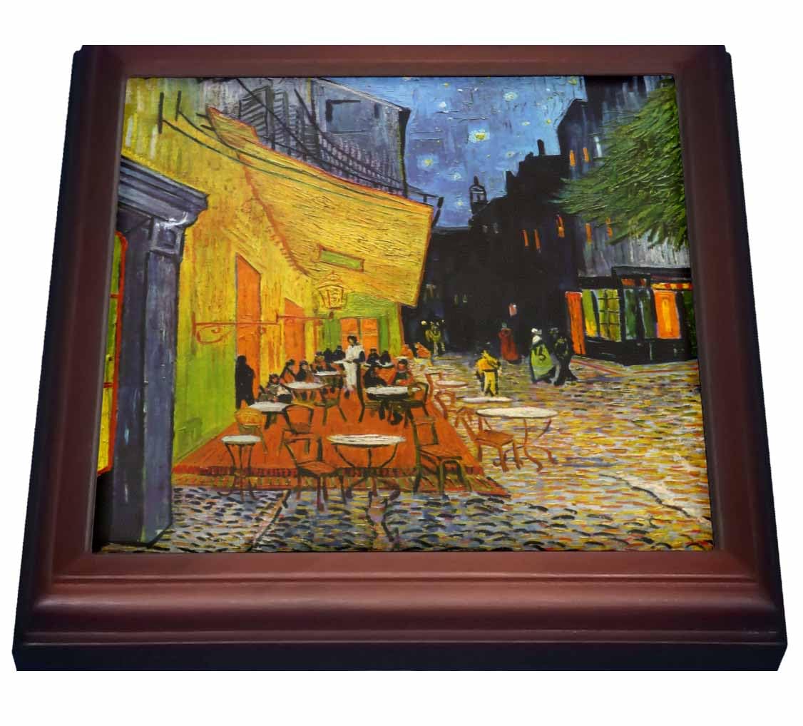3dRose Cafe Terrace at Night by Vincent Van Gogh-1888-Restaurant French Street Painting Trivet with Ceramic Tile, 8 by 8, Brown