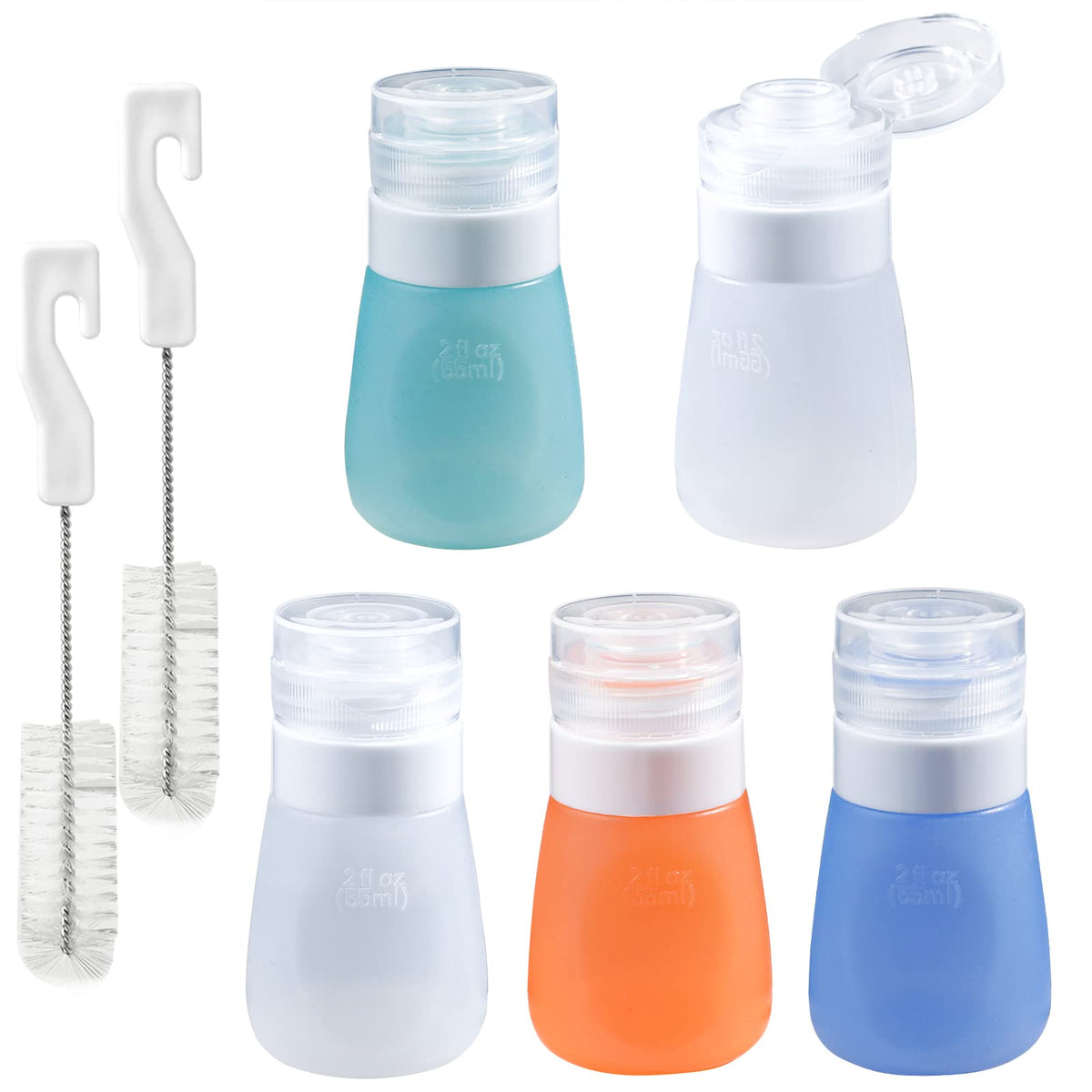 Webake 2Oz Salad Dressing Container To Go, 5 Pack Condiment Squeeze Bottles Silicone Sauce Bottles With 2Pcs Cleaning Brush, Lea