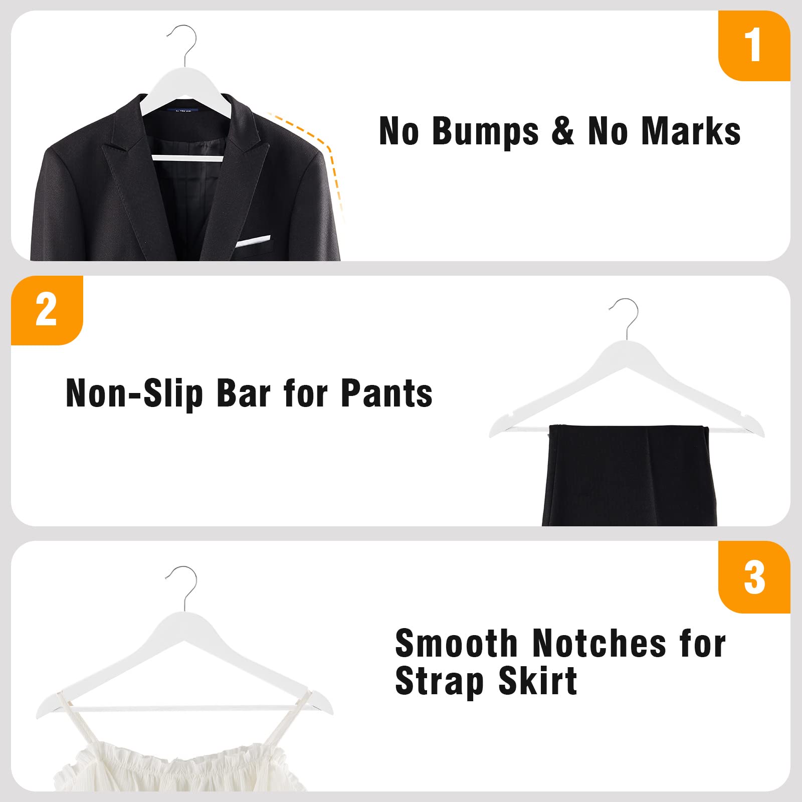 Solid Natural Wooden Coat Hangers, 10 Pack Heavy Duty Smooth Finish Suit Hangers With Non-Slip Pant Bar, Precisely Cut Notches &