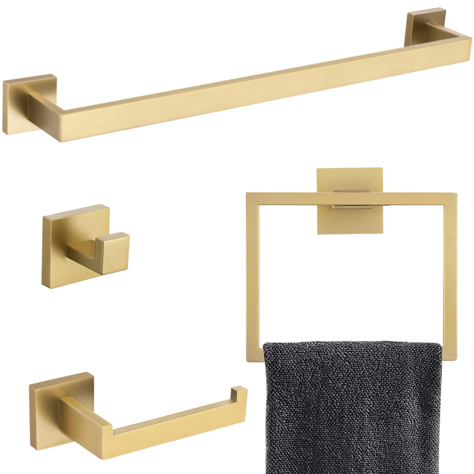Brushed Gold Bathroom Towel Bar Sets Premium Stainless Steel 4-Piece Bathroom Hardware Set Wall Mounted Square Bathroom Accessor