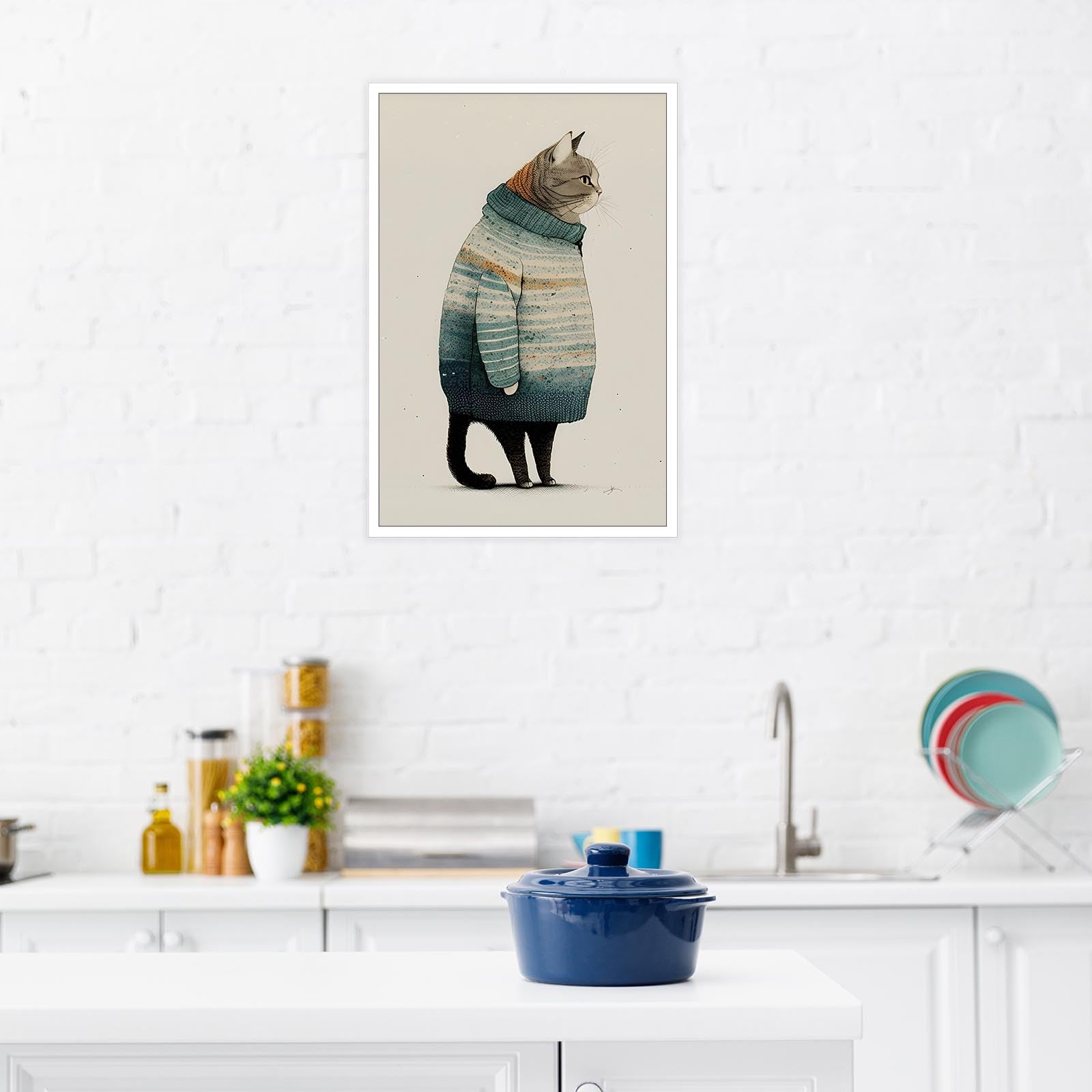 Tyohu Modern Winter Cats Wear Sweaters Posters Funny Minimalist Animals Wall Art Cute The Cat Snuggled In The Warm Sweater Print