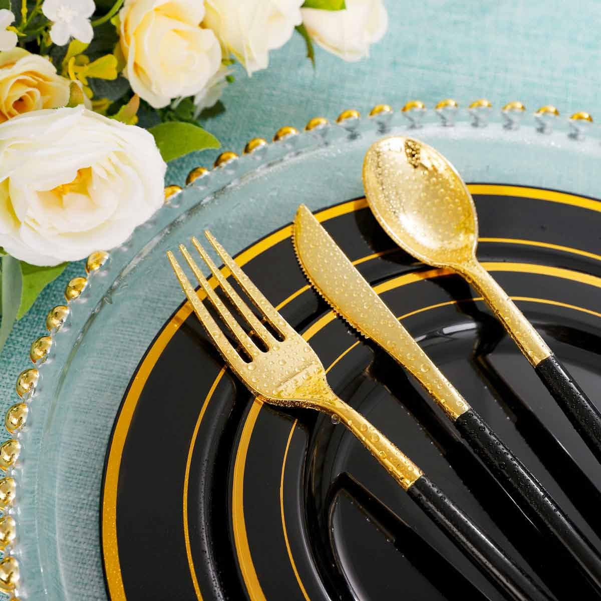 Rubtlamp 96 Pcs Gold Disposable Silverware, Gold Plastic Cutlery, Gold Utensils Plastic With Black Handle Include 32Forks, 32Spo