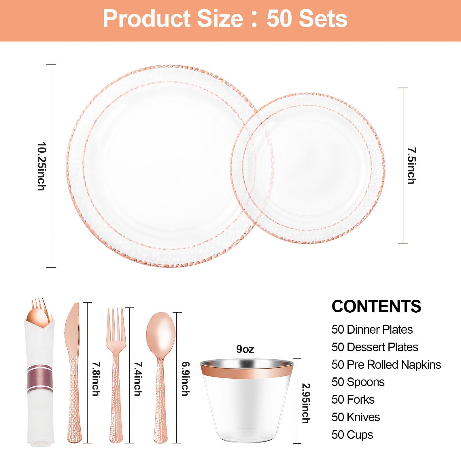 Bestluck 350Pcs Clear Plastic Plates With Rose Gold Trim For 50 Guests, Disposable Dinnerware Set For Party, Valentine'S Day, In