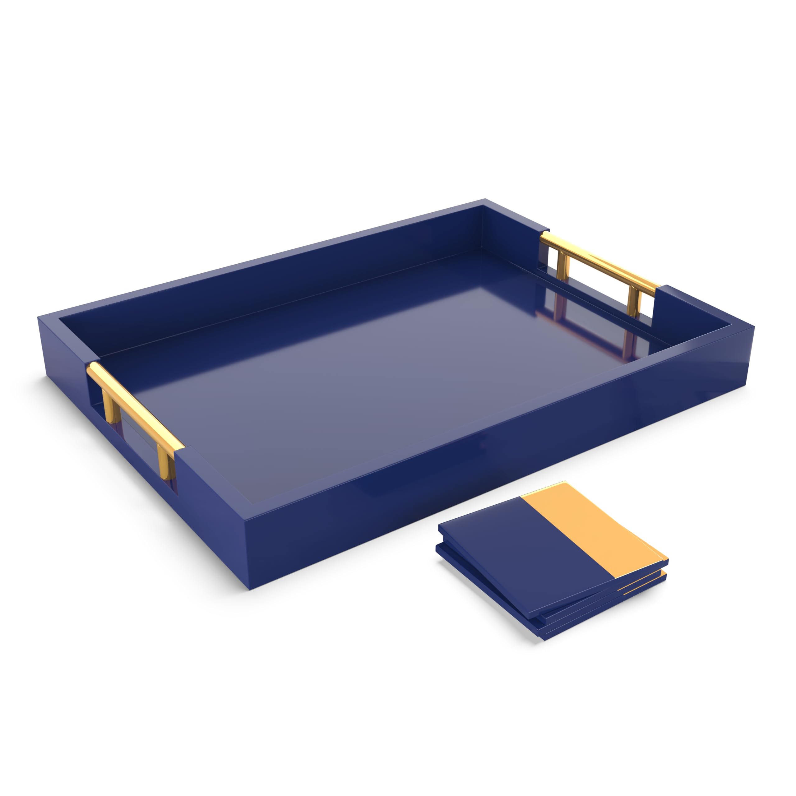 15.75'' X 11.75'' Decorative Rectangle Navy Blue Serving Tray With Handles Includes 4 Matching Coasters, Ottoman Tray - Tea And