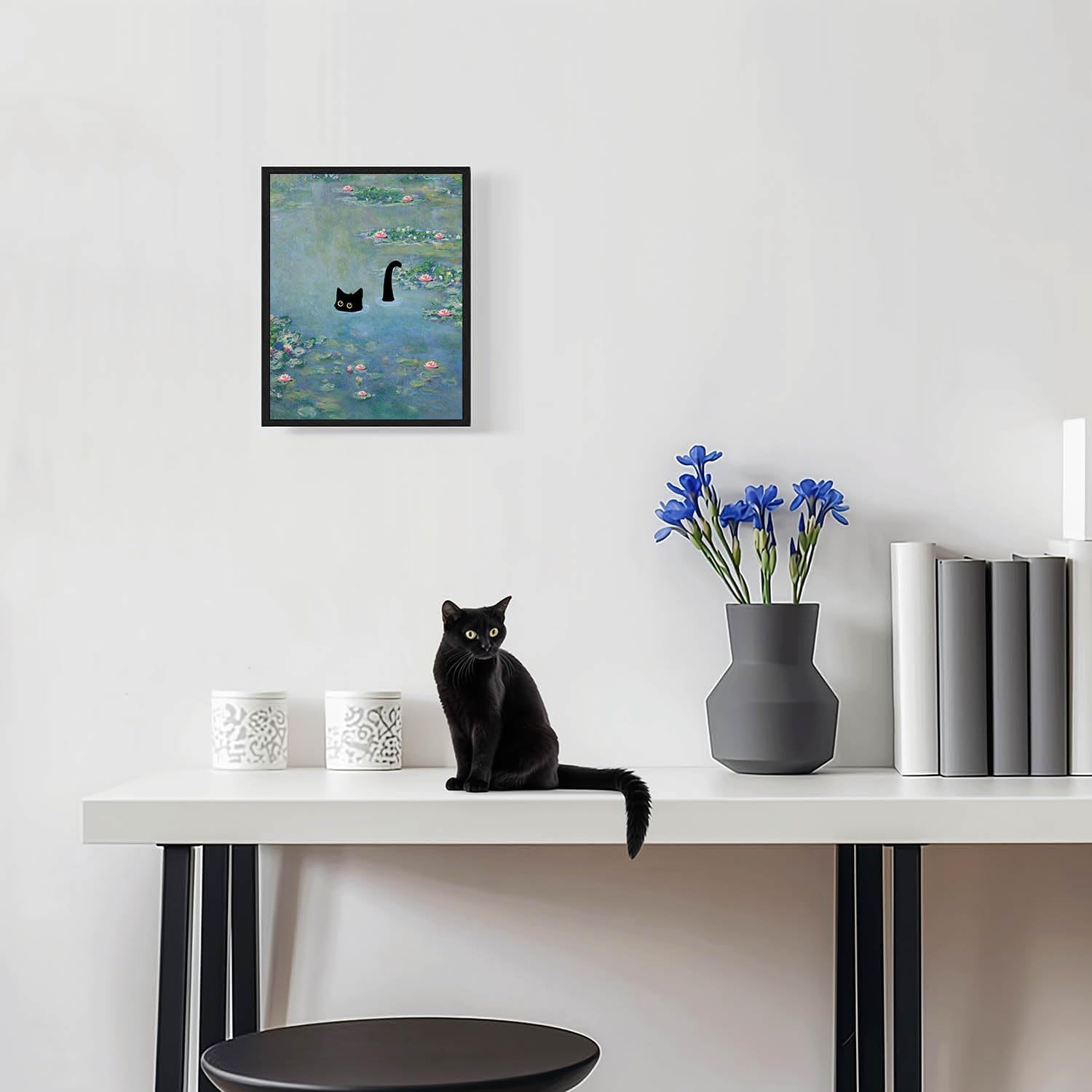 Oulawote Funny Black Cat Wall Art, Monet Art Water Lily Cat Wall Art Decor, Preppy Aesthetic Cat Posters For Bedroom Bathroom Li