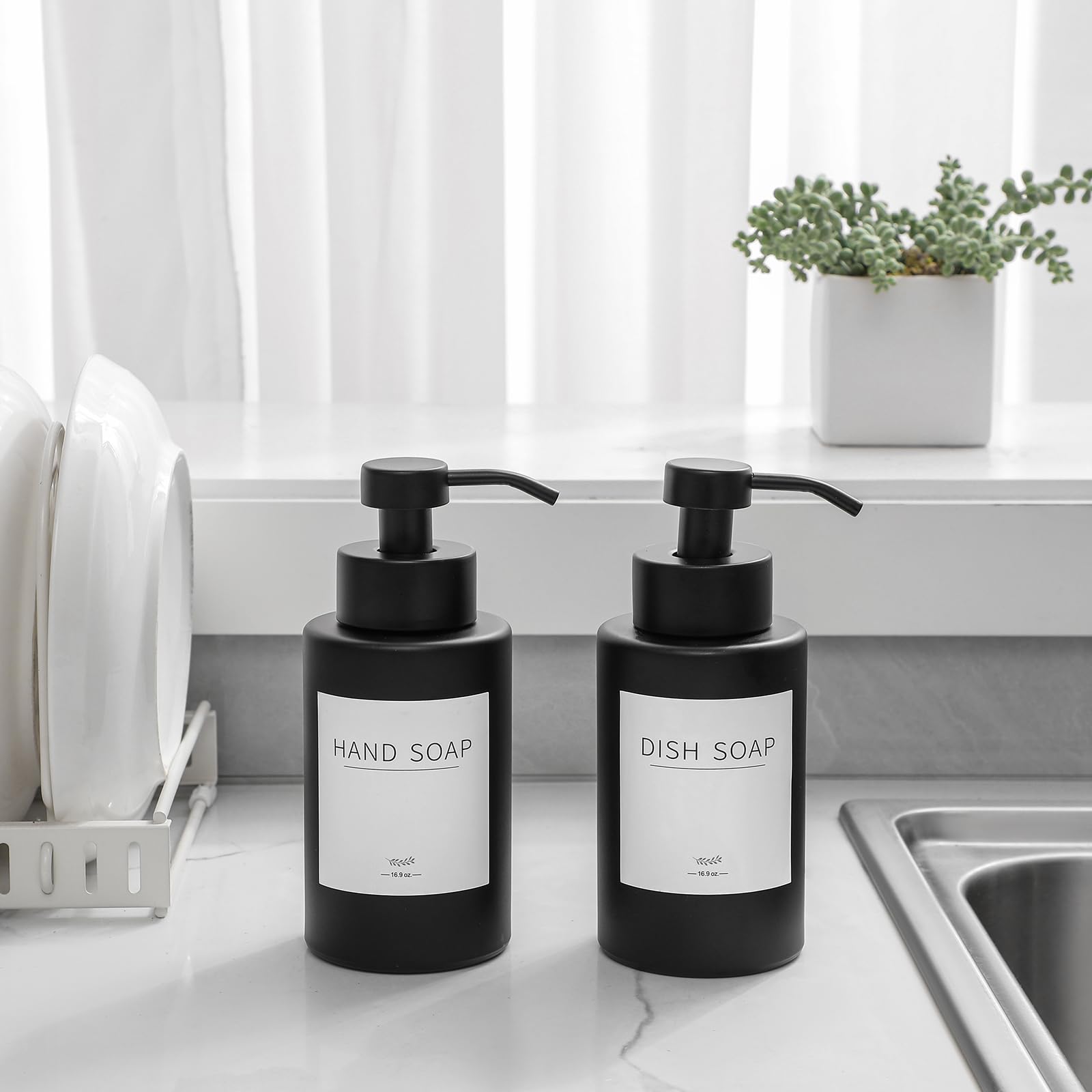 JiatuA Foaming Soap Dispenser Set  17 Oz Glass Hand Soap Dispenser with Matte Black 304 Rust Proof Stainless Steel Pump  Waterproof Labels  for Bathroom Decor Kitchen College Dorm  2 Pack