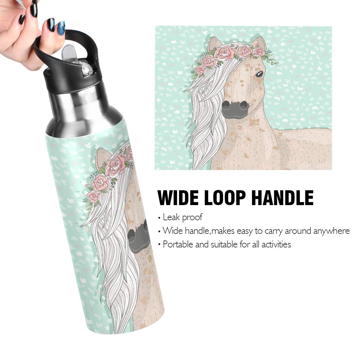 Flower Horse Water Bottle Stainless Steel Vacuum Insulated Water Bottle Standard Mouth Bottle With Wide Handle