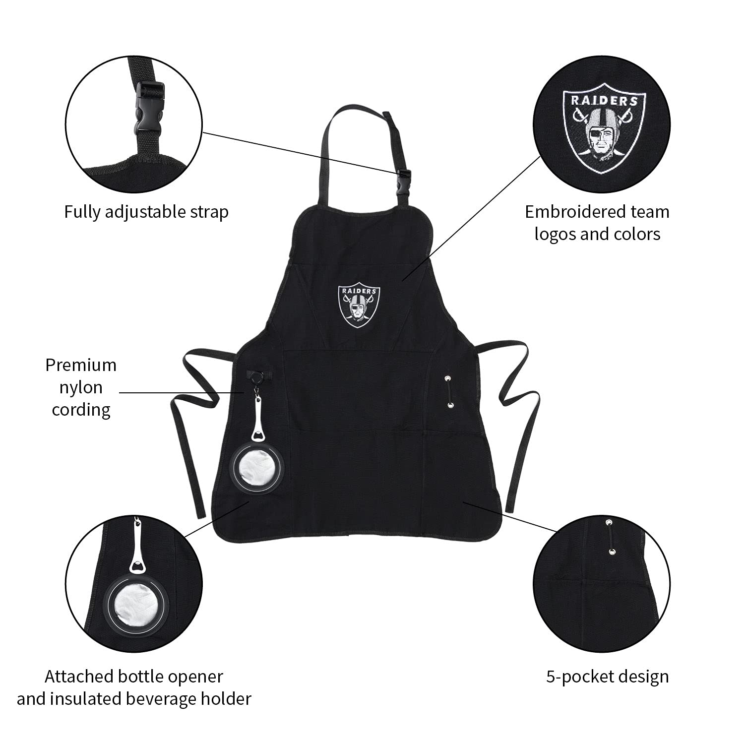 Team Sports America NFL Las Vegas Raiders Ultimate Grilling Apron  Bottle Opener and Insulated Beverage Holder  Heavy Duty Durable Cotton Canvas 300 GSM  Machine Washable  Adjustable Straps