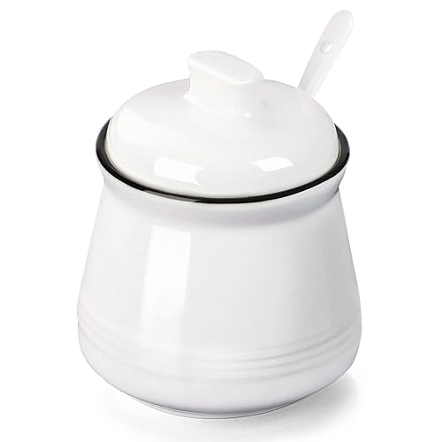 Porcelain Salt Bowl with Lid and Spoon Ceramic Sugar Bowl 12oz (White)