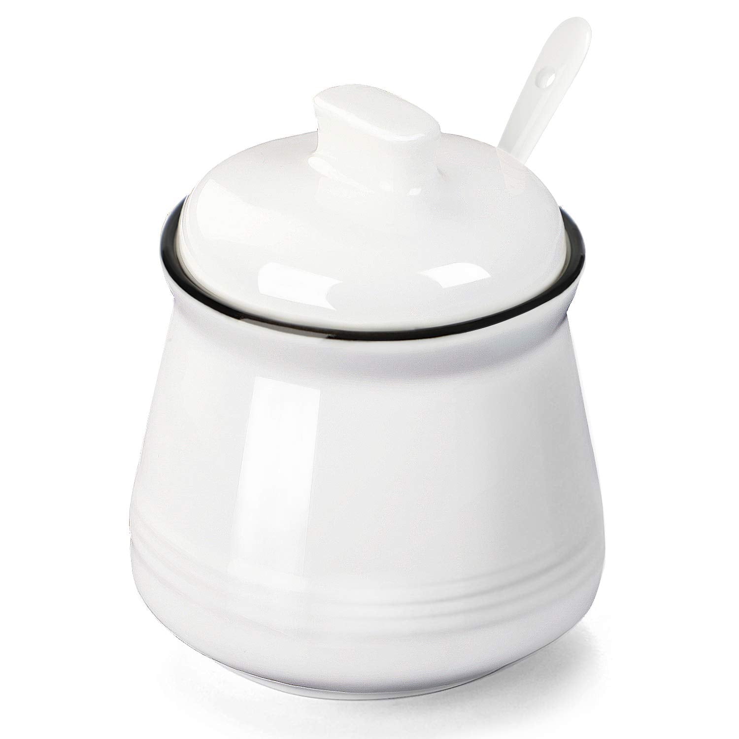 Porcelain Salt Bowl with Lid and Spoon Ceramic Sugar Bowl 12oz (White)