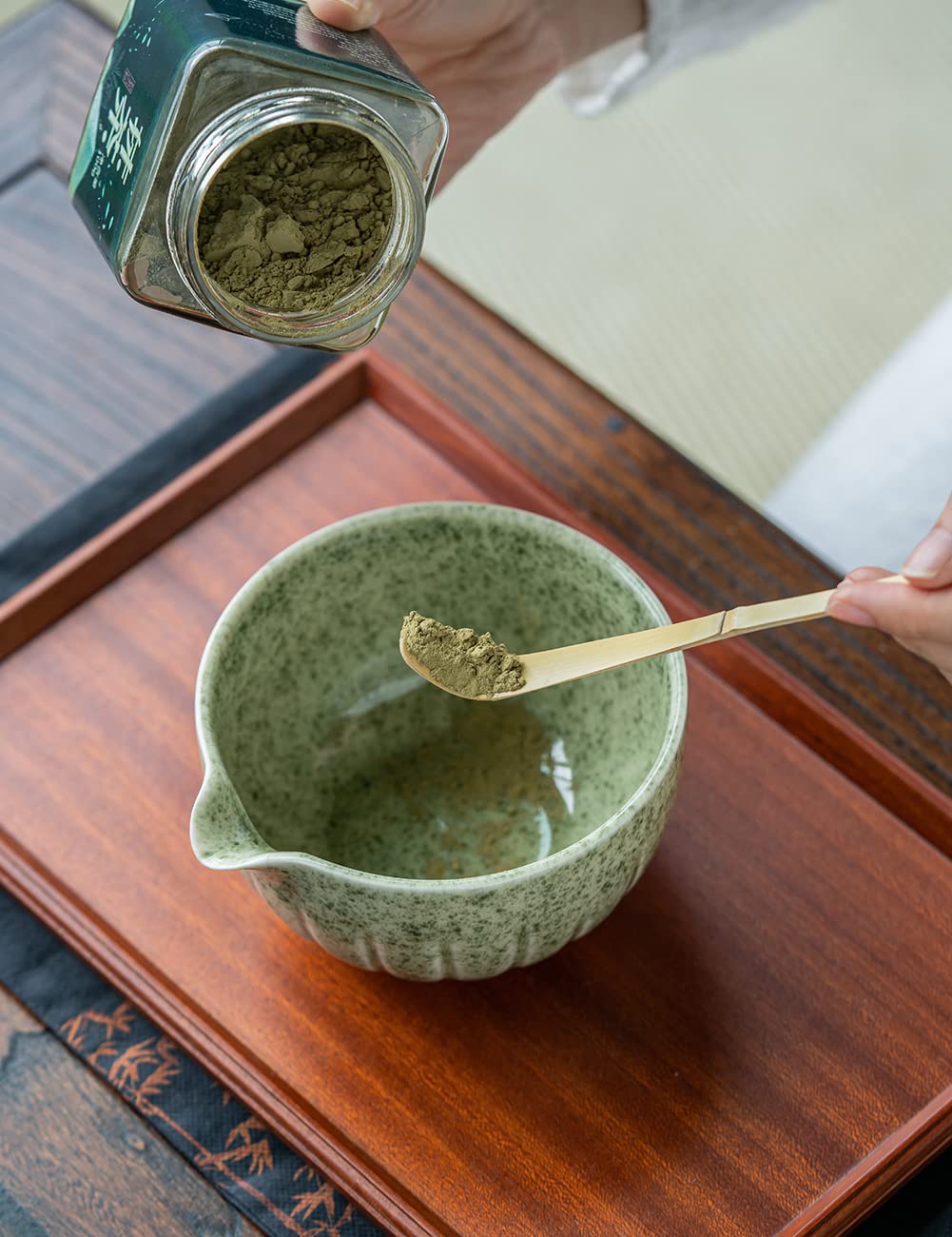 Tang Pin Matcha Set - Match Bowl With Spout And Whisk, 15 Oz, Matcha Scoop | Matcha Whisk Stand (Chasen Holder) - 4Pc Perfect Ma