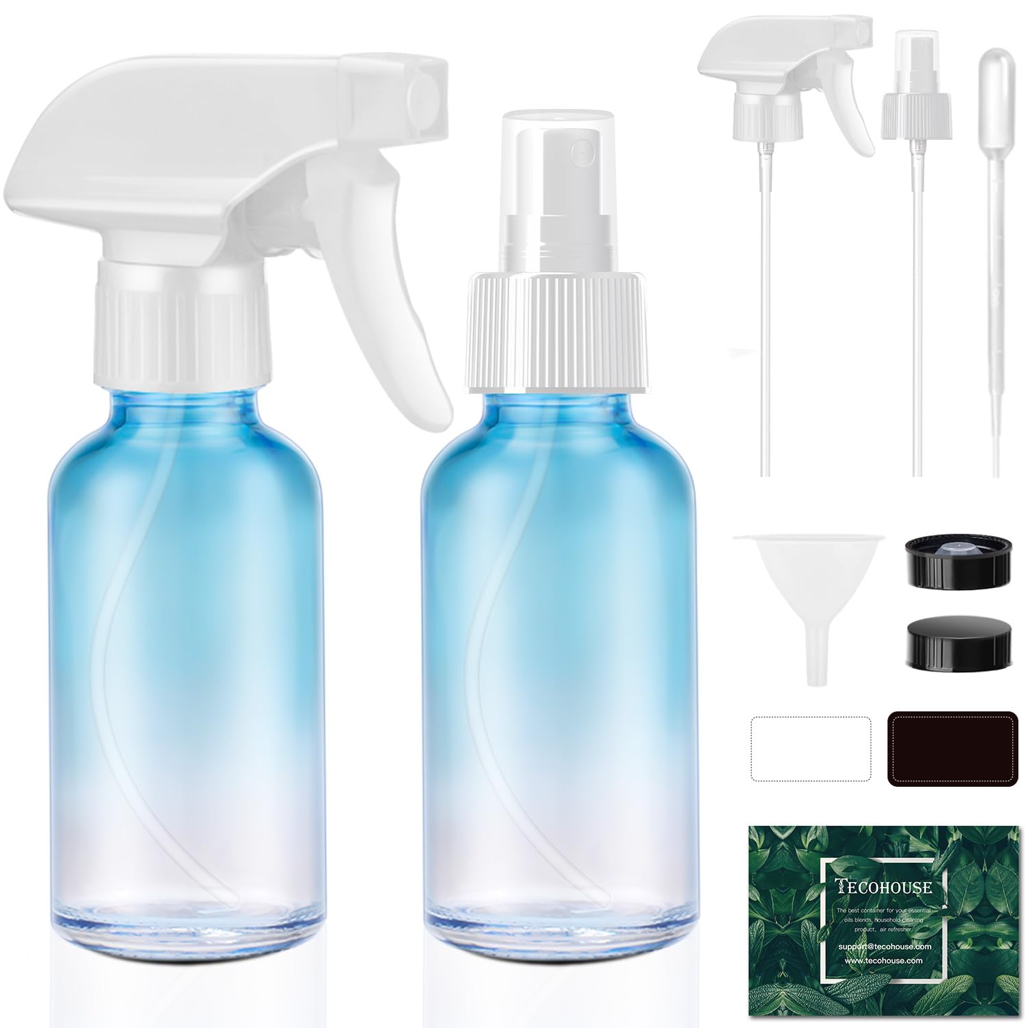 Tecohouse Glass Spray Bottles 4 Oz, 2 Pack Spray Bottles For Hair Empty Refillable Fine Mist Sprayer With Labels, Funnel, Pipett