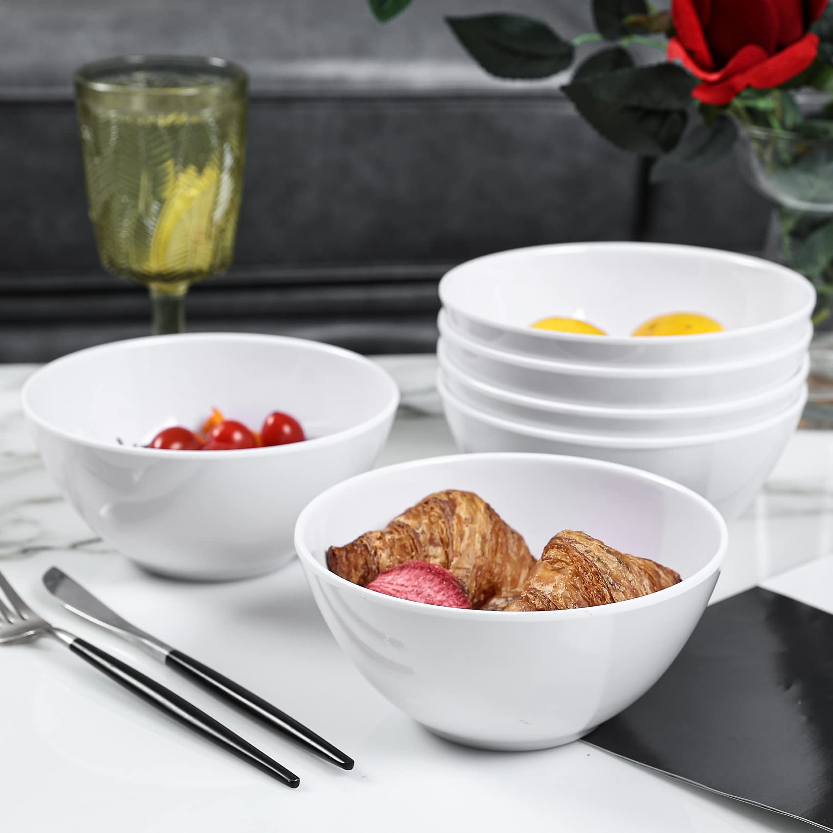 Yinshine Melamine Cereal Bowls - 28Oz White Dinnerware Soup Bowls Set, Pack Of 6