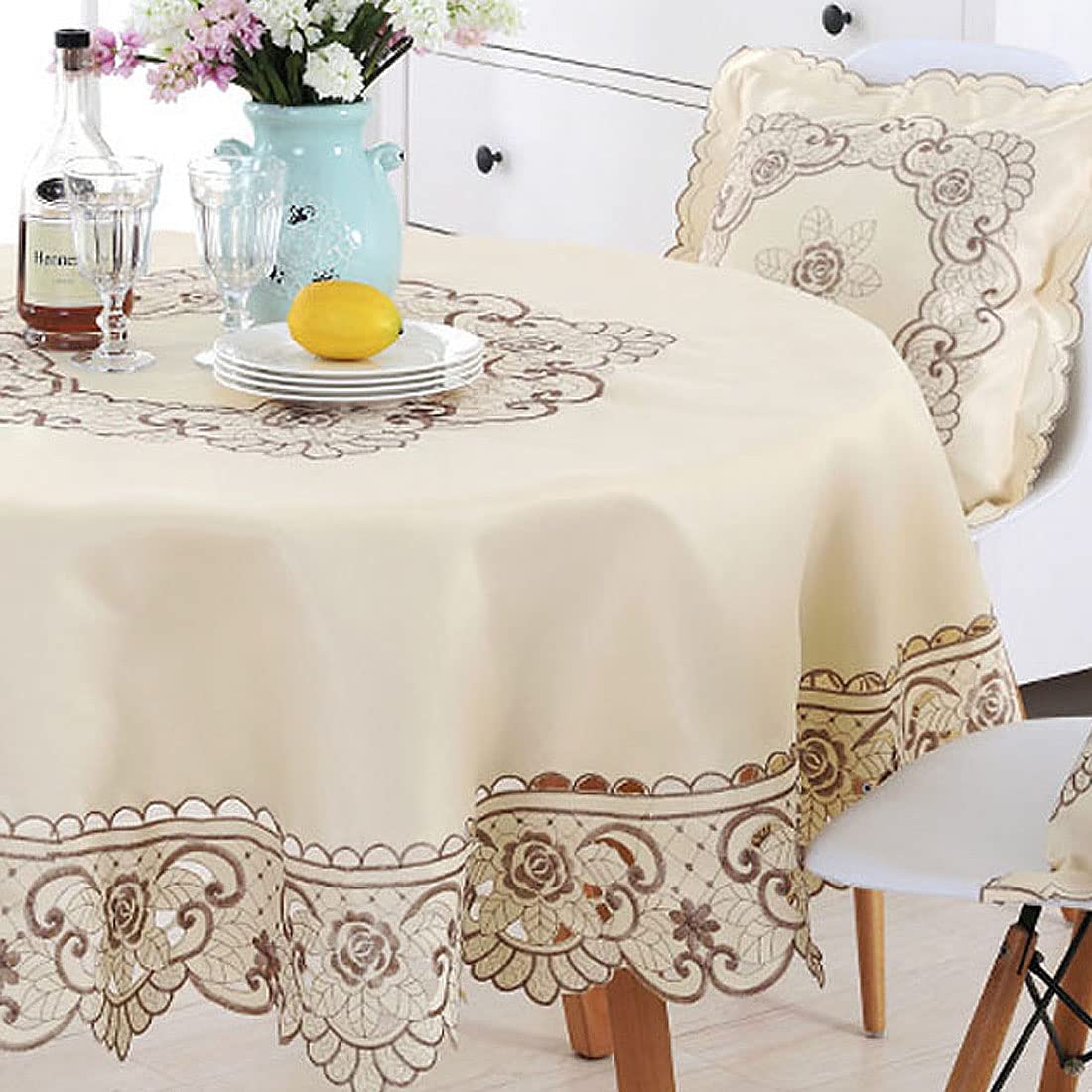 Lelehome 68'' Round Brown Flower Embroidered Tablecloth Beige Polyester Vintage Large Dining Cover Home Decor Table Cloth