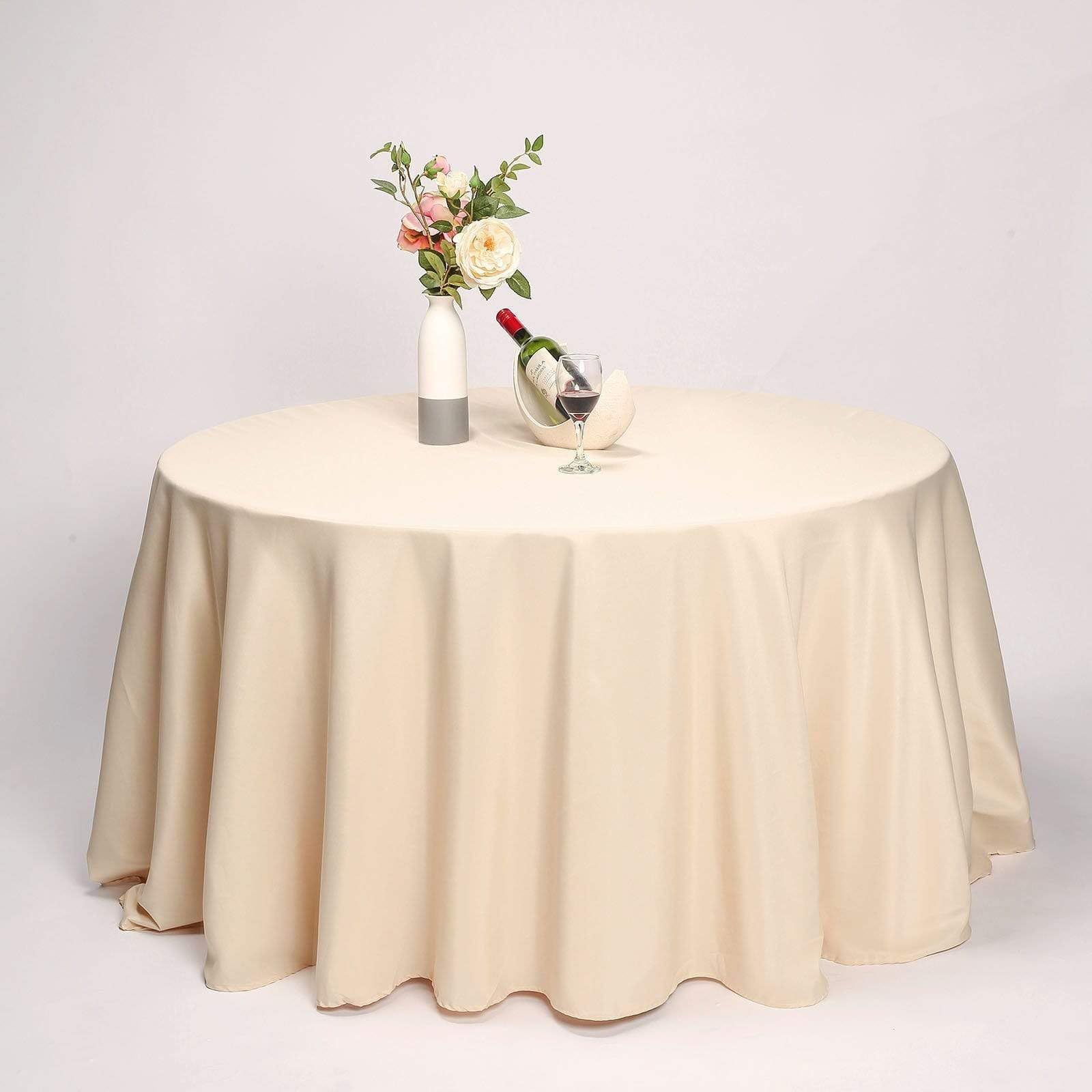 Balsacircle 132 Inch Beige Round Polyester Tablecloth Fabric Table Cover Linens For Wedding Party Banquet Reception Events Kitch