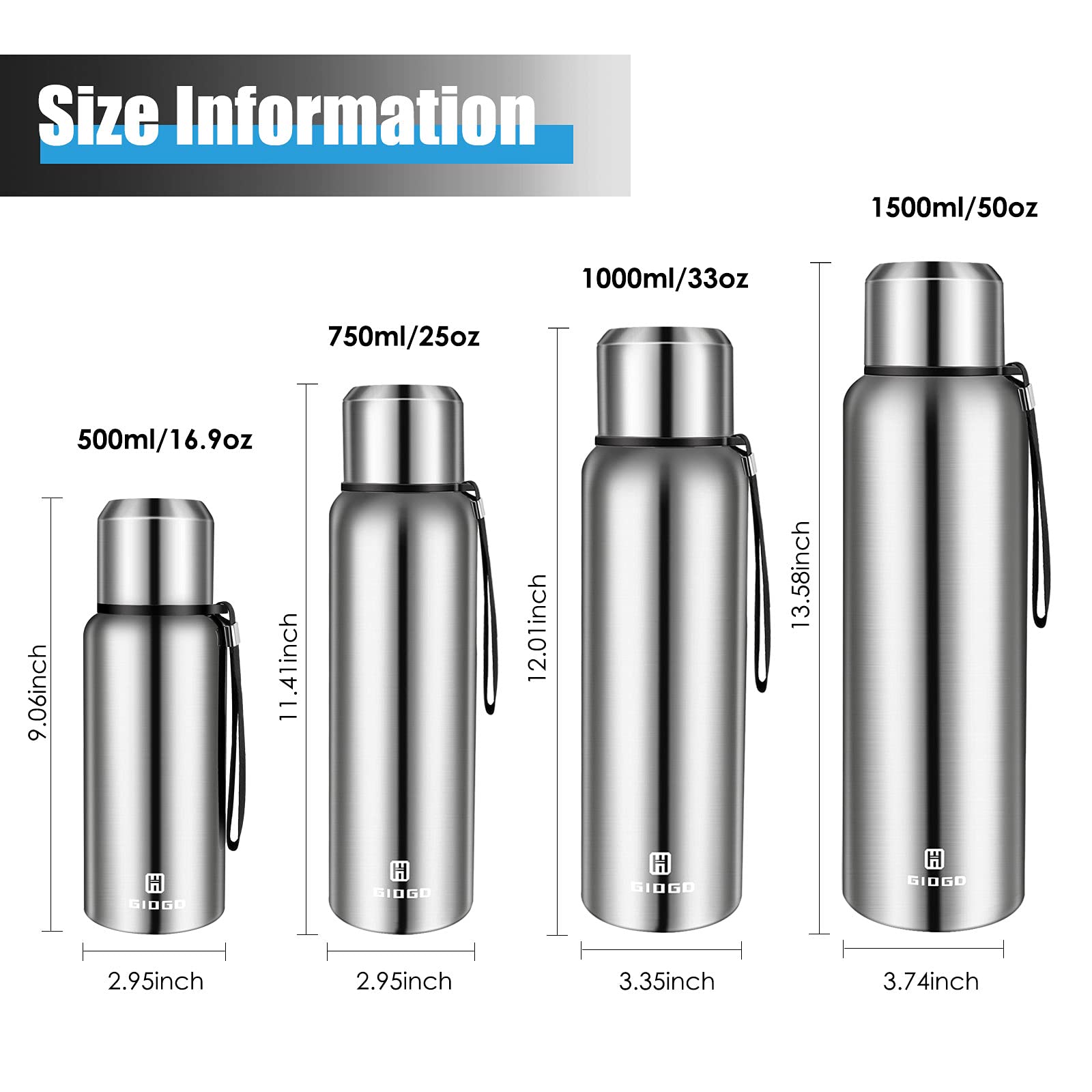 Insulated Vacuum Thermo Bottle 1500Ml/50.7Oz With Cup Stainless Steel Coffee Bottles For Hot And Cold Drink Water Flask.(Silver,