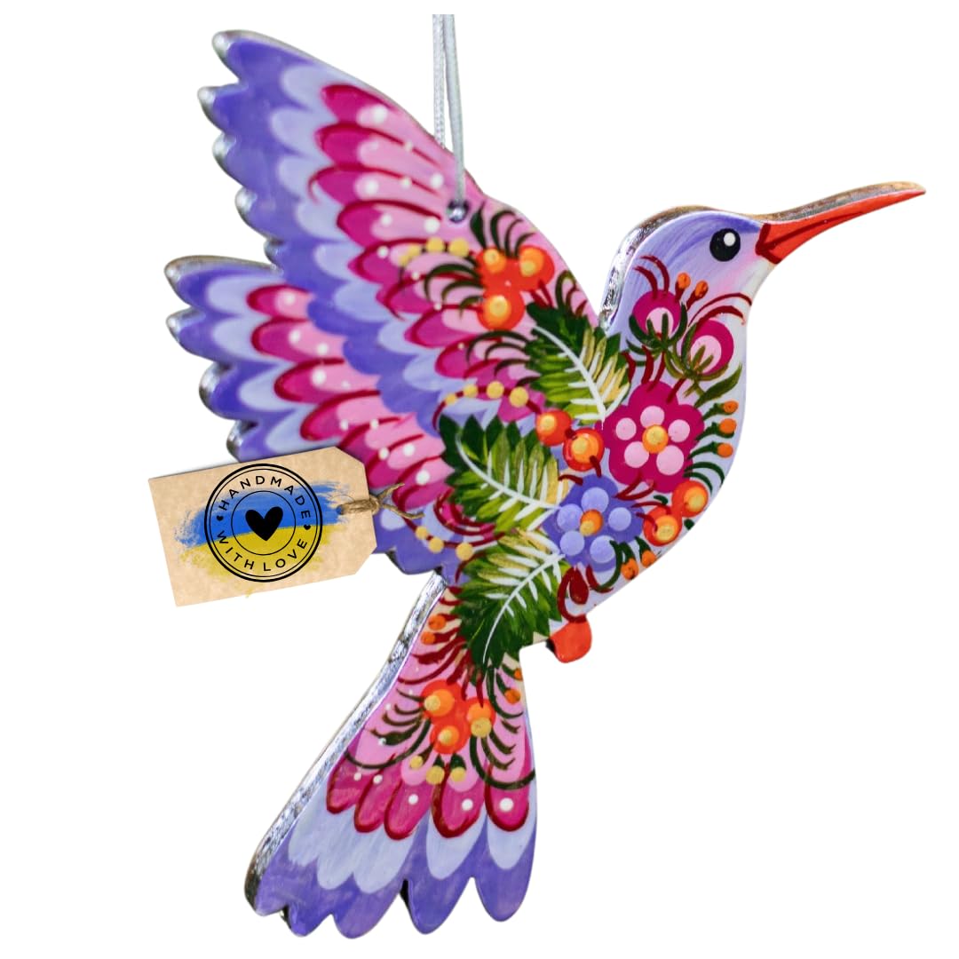 Wooden Christmas Ornament Hummingbird 4,7 ? 4 ? 0,2 Inch - Hand-Painted Ukrainian Folk Art - Petrykivka Painting