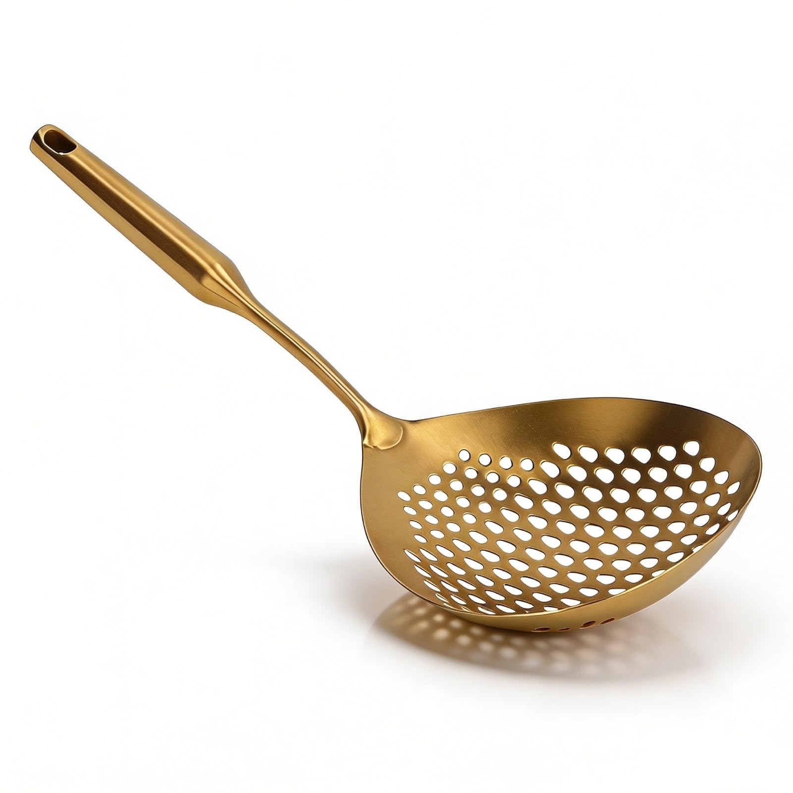 Skimmer Slotted Spoon, Stainless Steel Strainer Skimmer Ladle Long Handle Large Pasta Spoon for Kitchen Cooking and Frying (Gold