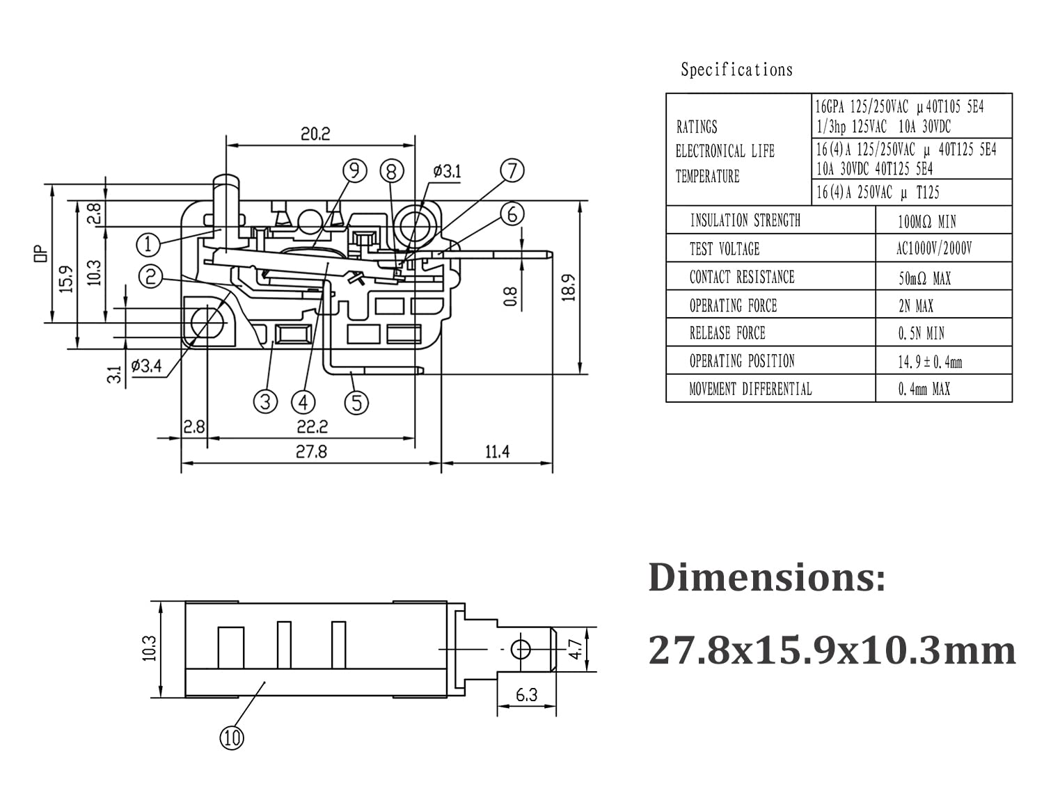 Microwave Oven Door Switch Replacement Part  16A 125VAC  KW3AT-16 (Downward Compatible with KW3A-16)  Normally Closed - 1Pc