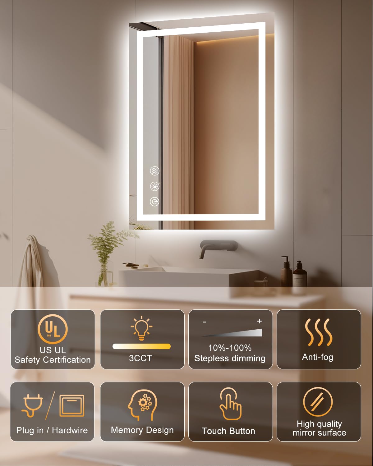 Oneup 24''X36'' Bathroom Mirror With Lights,Front Lighted Bathroom Mirrors For Wall,Anti-Fog Smart Vanity Mirror,Touch Button An