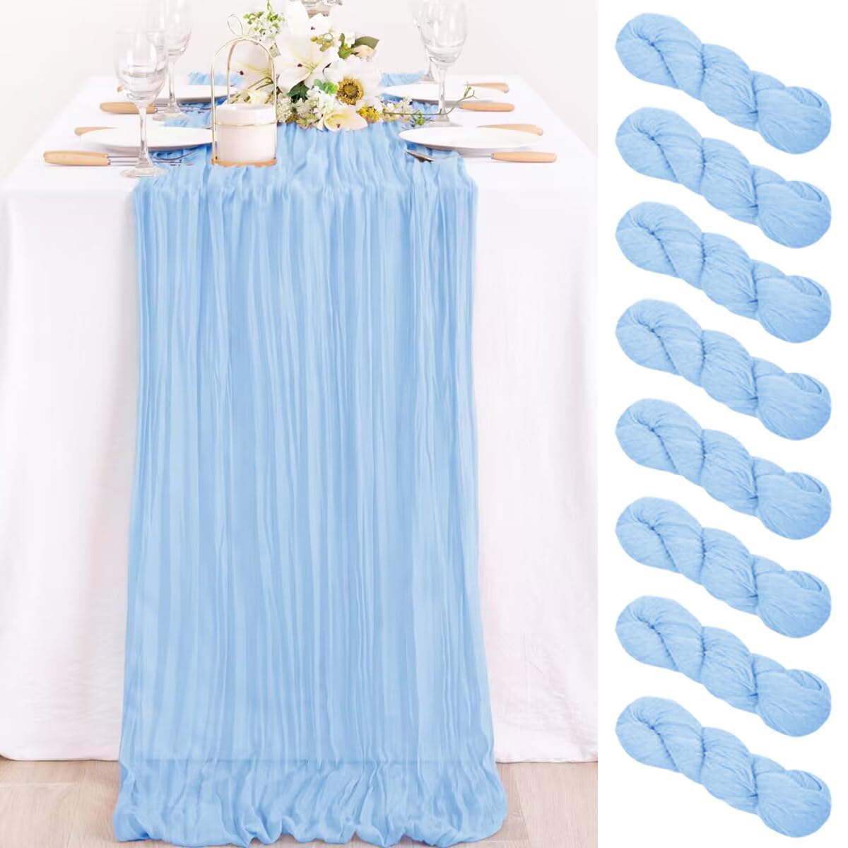 MLMC 12 Pack Baby Blue Cheesecloth Table Runner 10ft Rustic Light Blue Baby Shower Table Runner Bulk 35x120 Inches for Wedding B