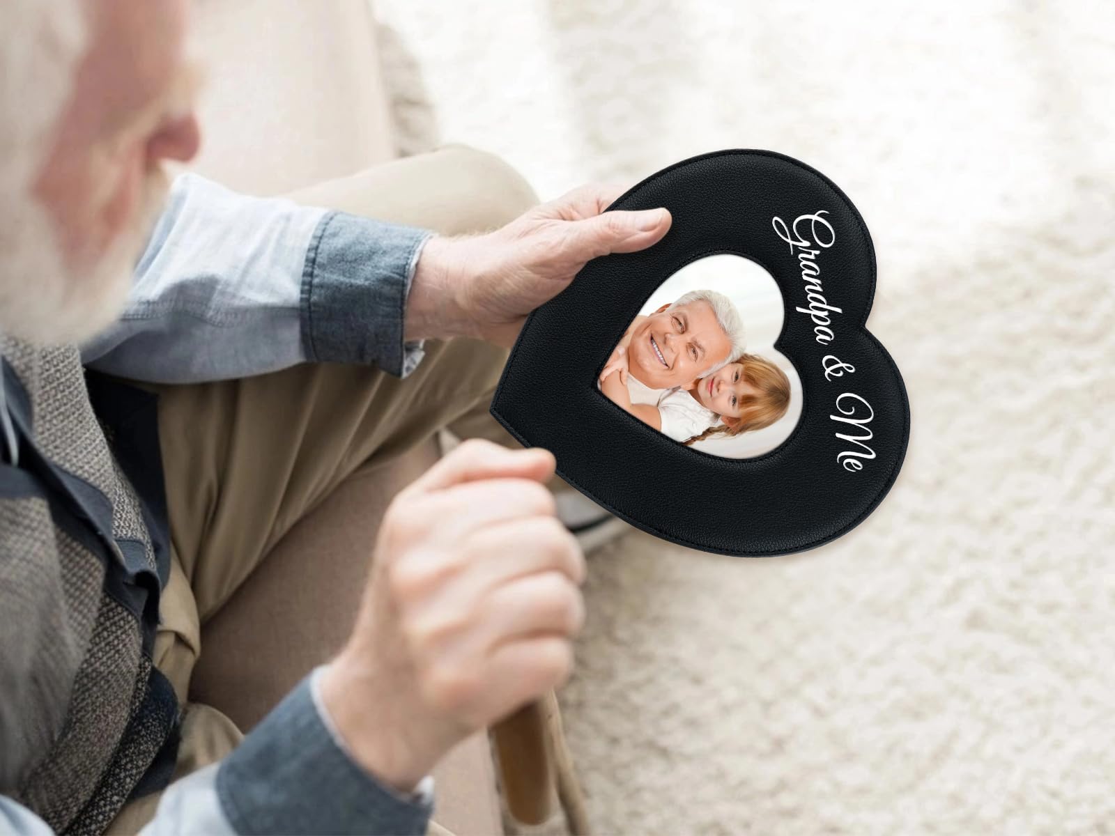 PETCEE Grandpa and Me Picture Frame- 4 x 4 Heart Christmas Keepsake Gifts for Grandpa Picture Frame Soft Leather Christmas Thank
