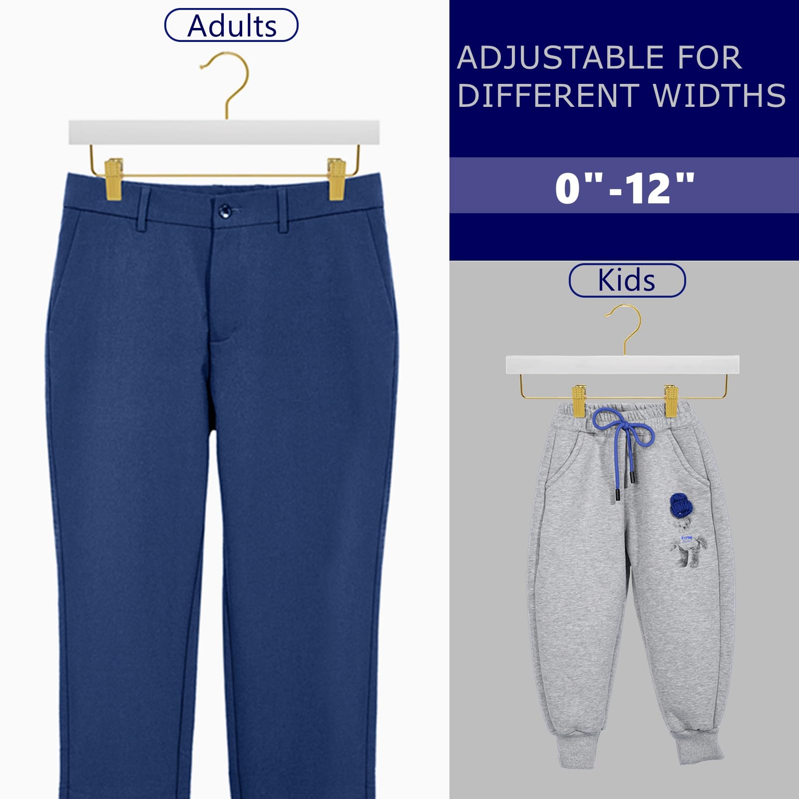 Amber Home White Wooden Pants Skirts Hangers 24 Pack  Solid Wood Trousers Bottom Hanger with 2-Adjustable Gold Clips  Clips Hangers for Slacks  Jeans  Shorts (White + Gold  24)