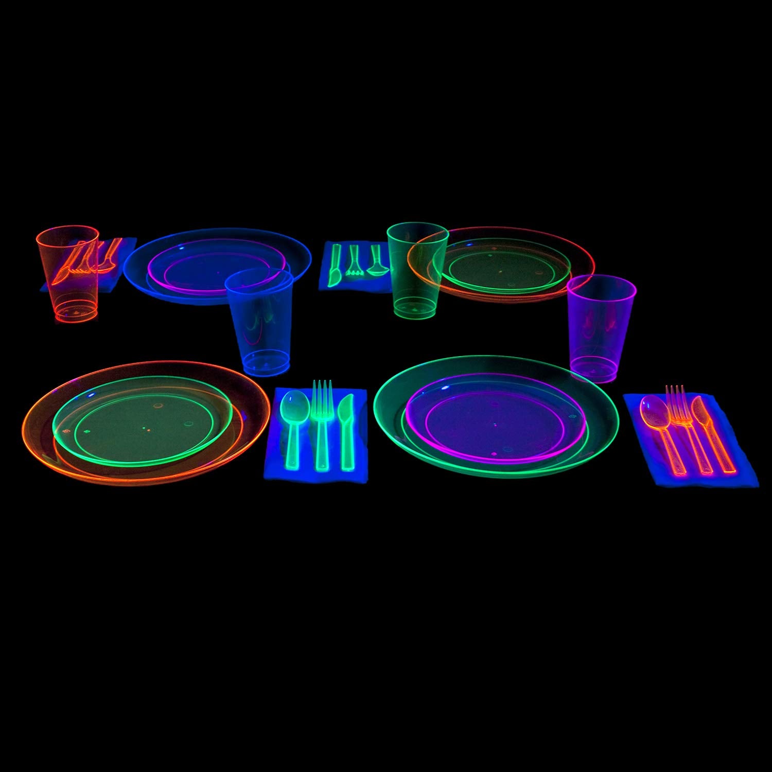 Party Essentials N265298 Party Supplies Set/Blacklight Uv Glow In The Dark Kit, 9'' Plates, 6'' Plates, 10 Oz. Tumblers, 9 Oz. T