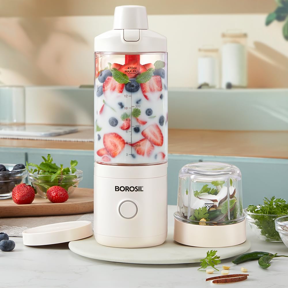 Borosil 75W Nutrimate Portable Blender With Grinder | 550Ml Tritan Jar With Glass Grinding Jar | Dc Motor | Smoothie Maker, Prot