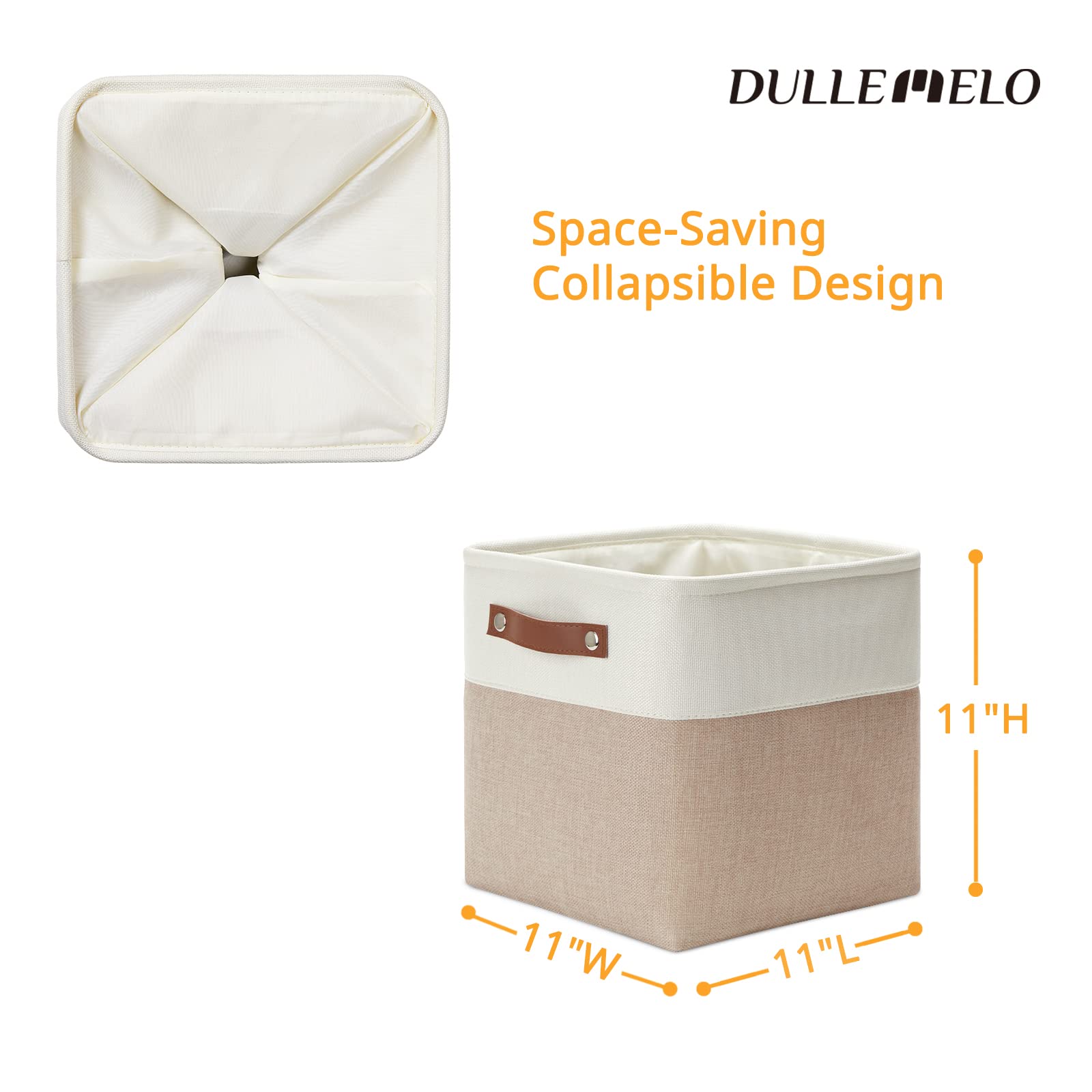DULLEMELO 11 inch Cube Storage Bins  Large Collapsible Grey Storage Baskets for Square Cubes Organizing  Fabric Boxes Bins for Shelves Nursery Home Office Storage(4 Pack - 11 '' White&Khaki)