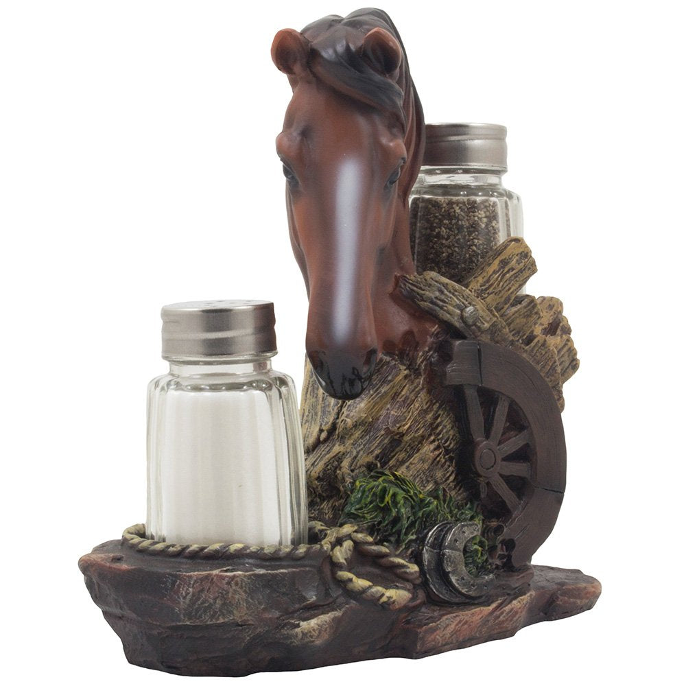 Home 'n Gifts Chestnut Resin Shaker Set with Horse Holder, 3 Pieces, 6x3x2 inches, Western Ranch Decor, Country Kitchen Centerpiece
