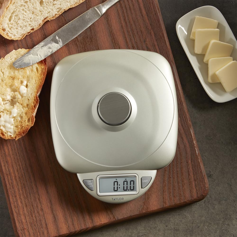 Taylor 11Lb Capacity Digital Glass Top Kitchen Scale With Lcd Display, Weight In Grams And Ounces For Baking, Cooking, And Meal