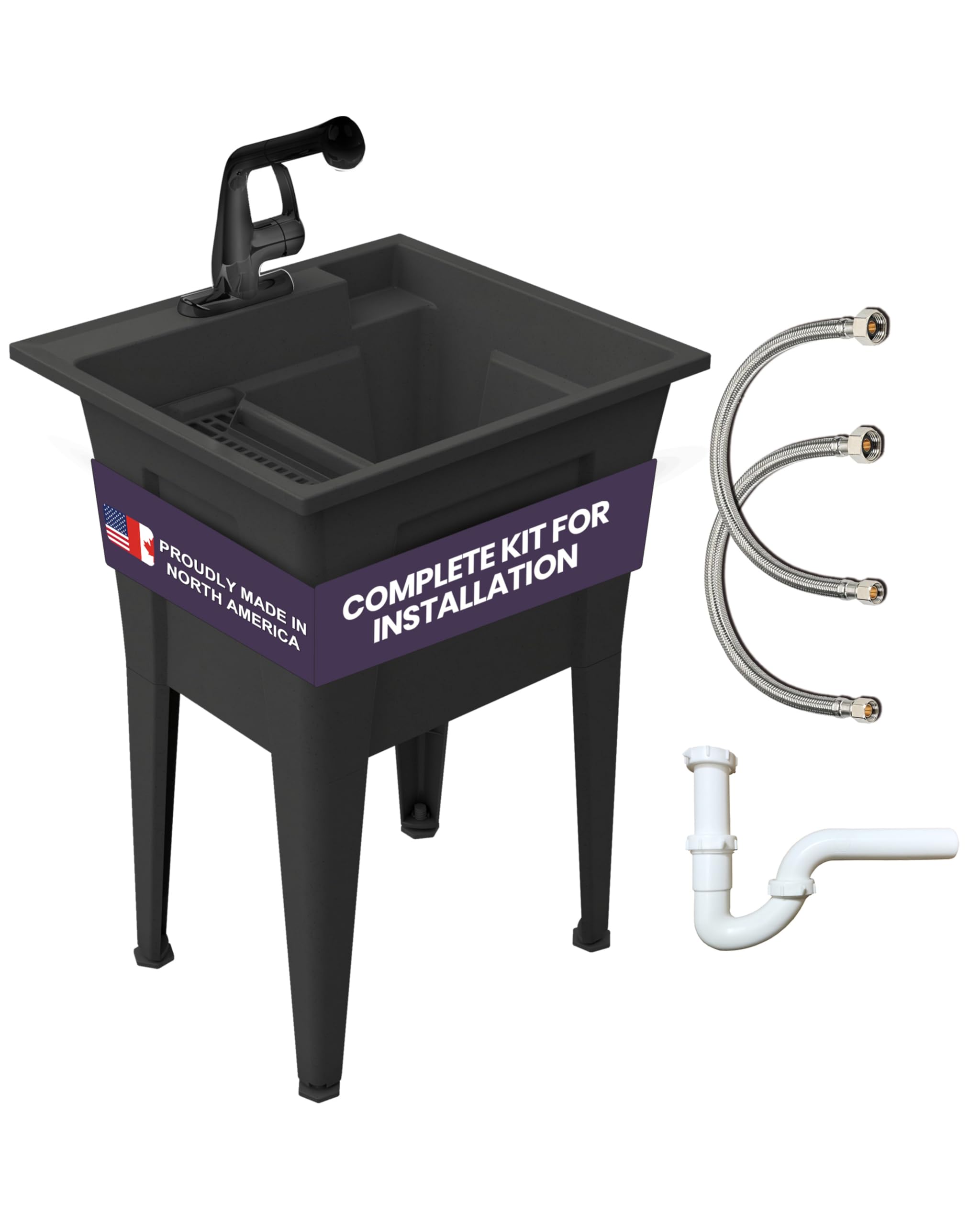 Freestanding Utility Sink with One Handle Black Faucet - 24 Plastic Utility Sink for Garage, Laundry, Indoor and Oudoor Use - La