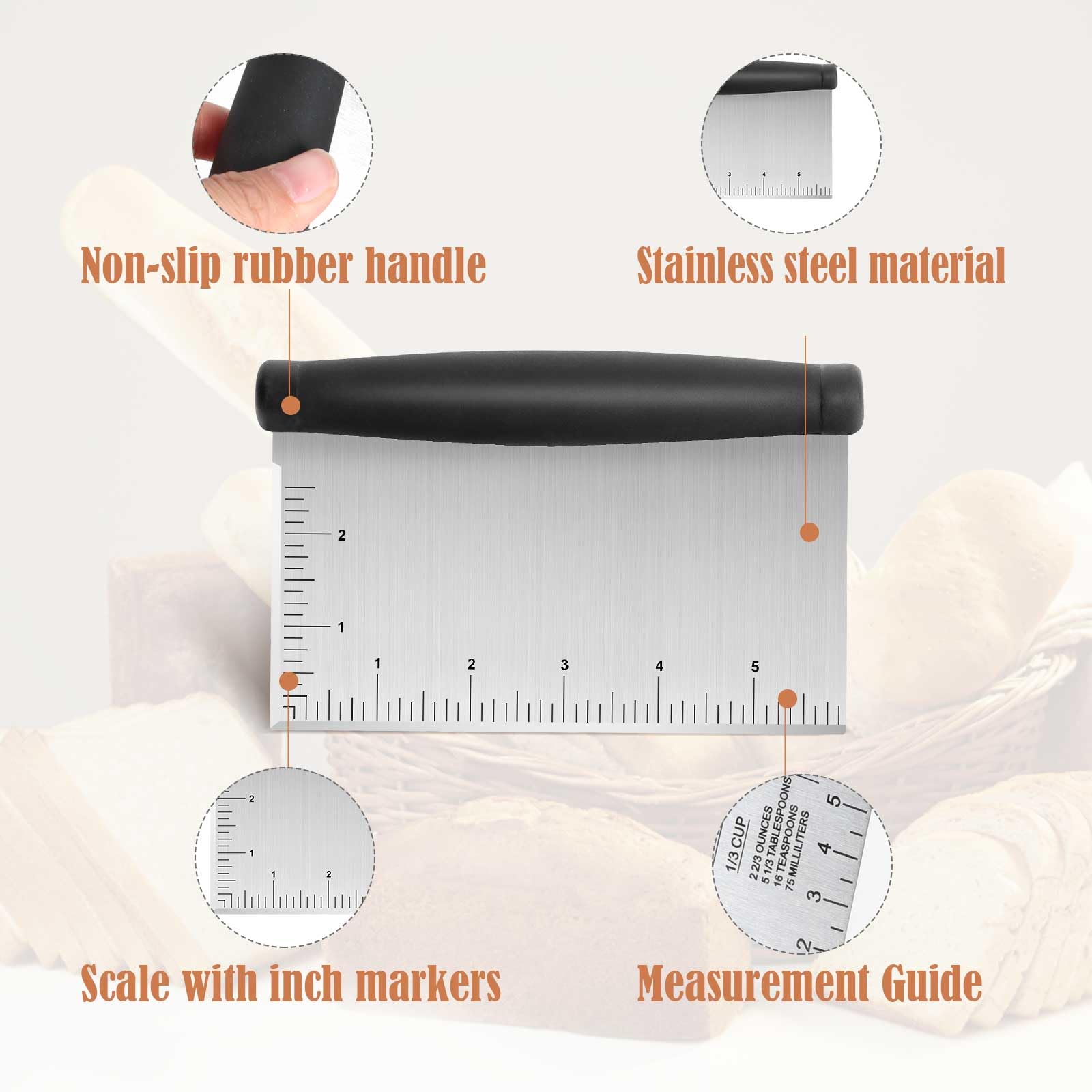 2Pcs Stainless Steel Dough Scraper & Chopper - 6 Inch Multi-Purpose Kitchen Tools With Measuring Markings, Cutter For Dough, Cak