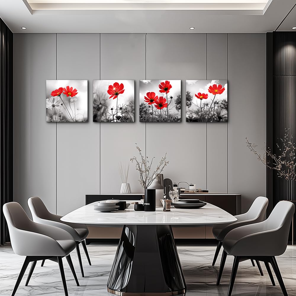 hyidecorart 4pcs Modern Salon Theme Black and White Plant The red flower Flower Abstract Painting Still Life Canvas Wall Art for Home Decor Flower Canvas Print Wall Art Painting For Living Room Decor
