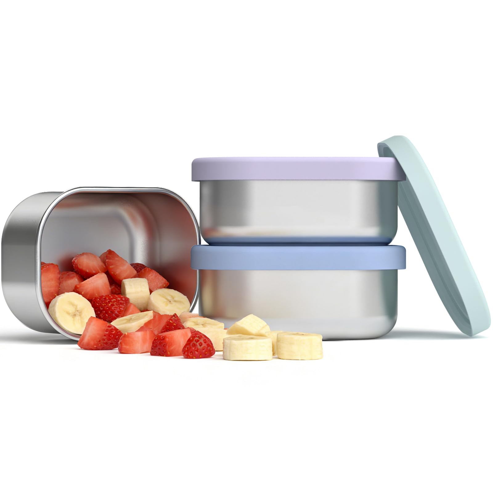 ECGaze Stainless Steel Snack Containers For Kids, 3 Pack 10oz Metal Snack Box Container With Soft Silicone Lids, Small LeakRes
