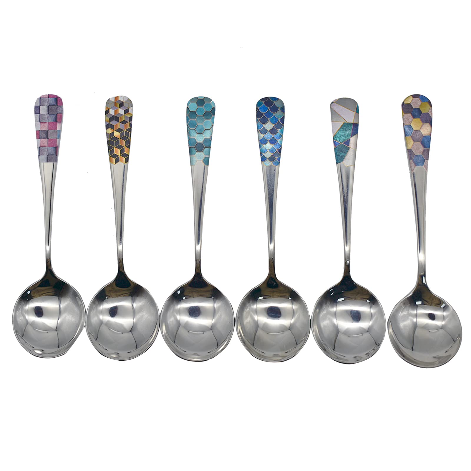 Pinenjoy 6Pcs Round Head Soup Spoons With Fashion Printing Pattern 6.22Inch Tablespoon 18/10(304) Stainless Steel Korean Spoons
