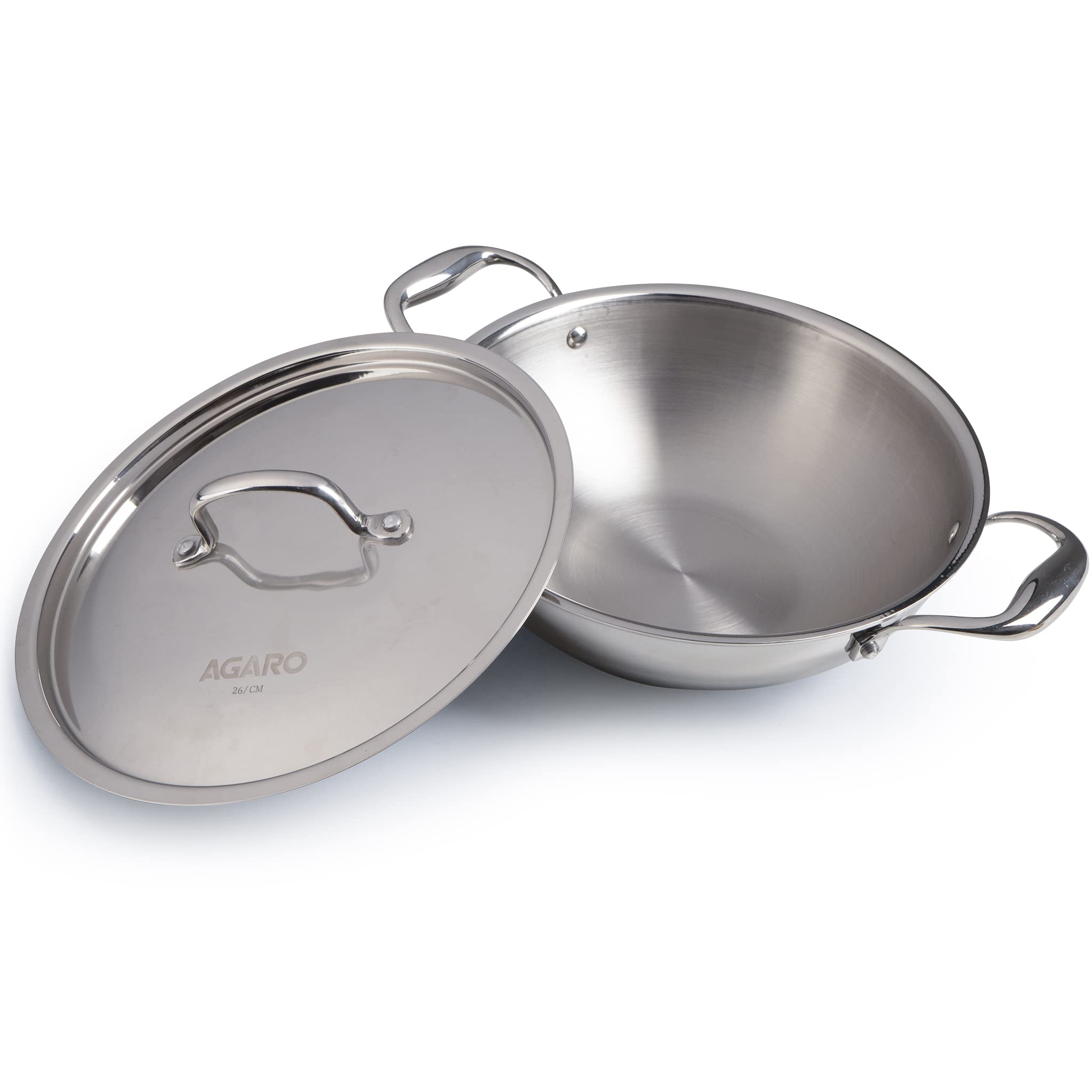 AGARO Regency TriPly Steel Kadai, 2.75L Capacity, 26 cm Diameter, Stainless Steel, Riveted Handle, Food Safe, Gas Oven and Indu