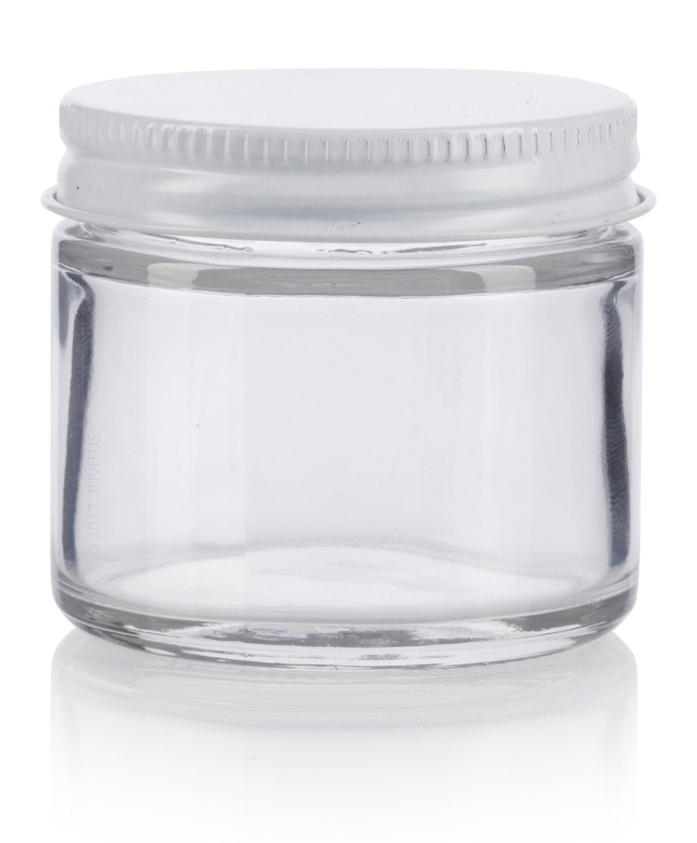 2 Oz / 60 Ml Clear Thick Glass Straight Sided Jar With White Metal Airtight Lid (12 Pack)