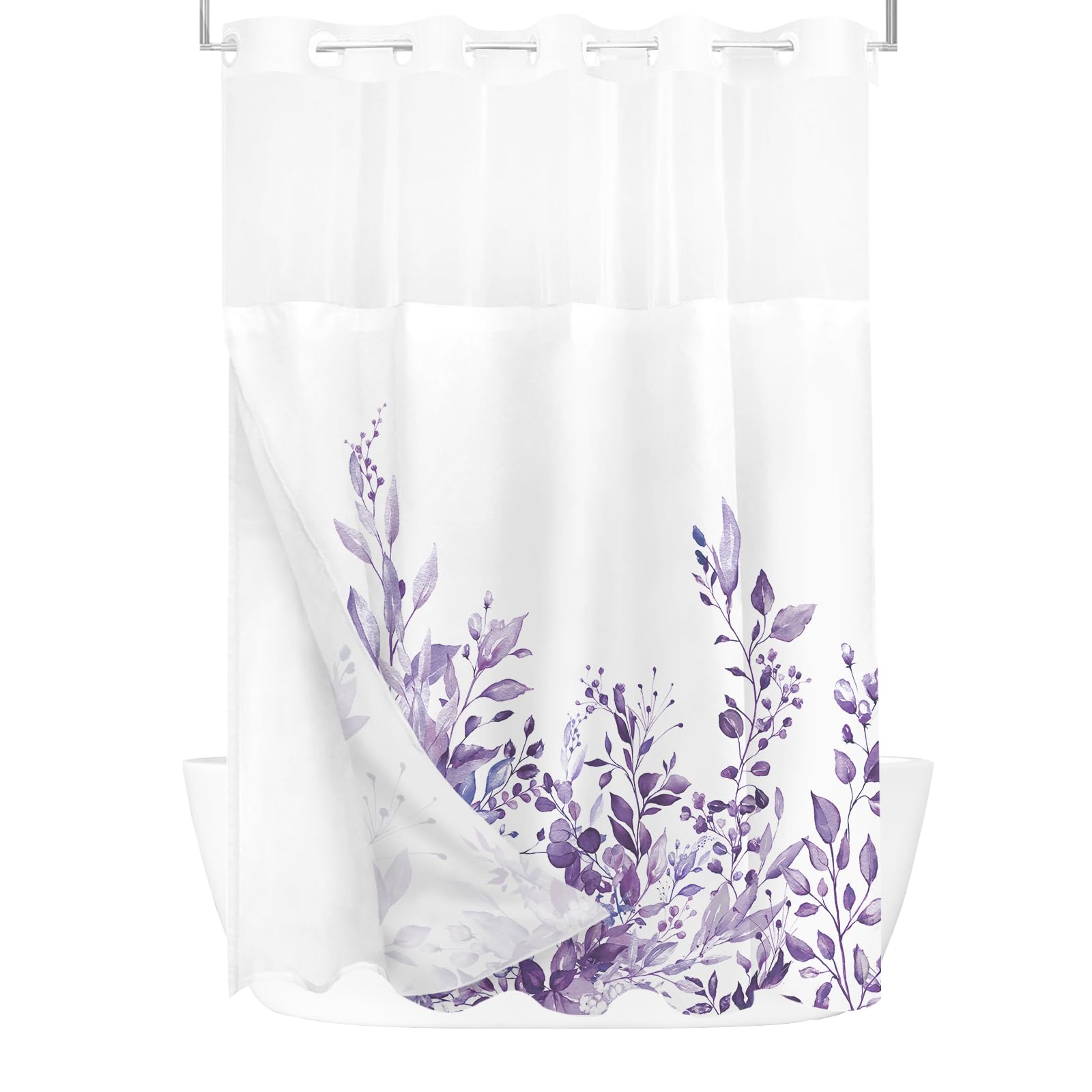 Tititex No Hooks Snap In Liner Purple Eucalyptus Leaves Shower Curtain Sets, Hotel Luxury Double Layers Waterproof Fabric & See-