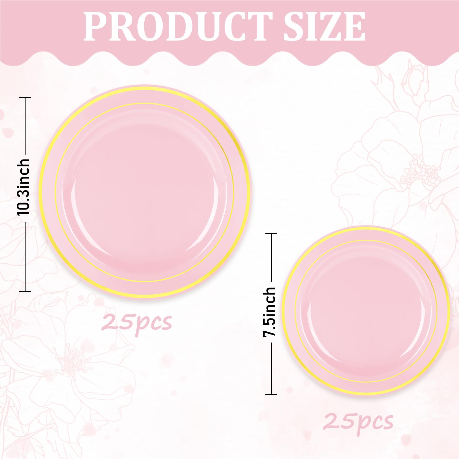 Whaline 50Pcs Valentine'S Day Light Pink Plastic Plate Gold Foil Bordered Disposable Plate Decorative Dinner Dessert Plate For W