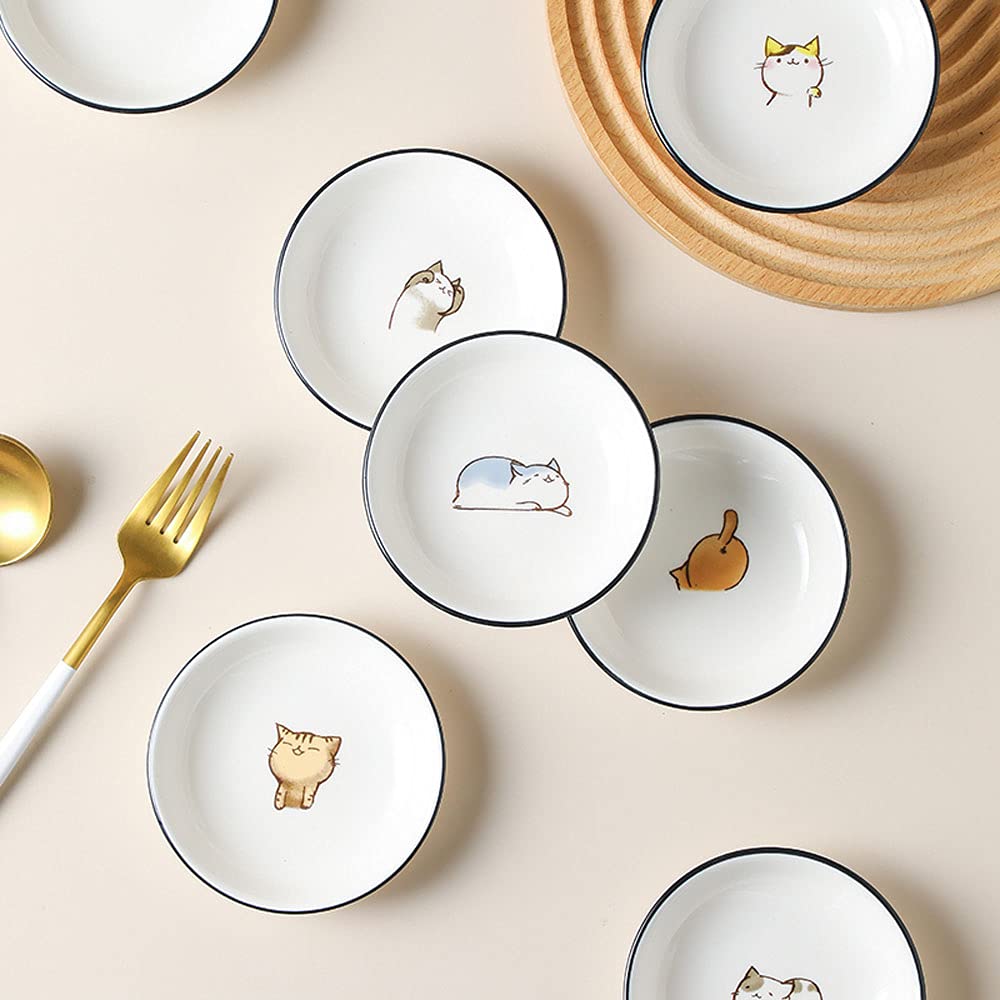 Fuyu 6Pcs Cute Cat Multipurpose Ceramic Sauce Dish Seasoning Dishes Sushi Dipping Bowl Appetizer Plates