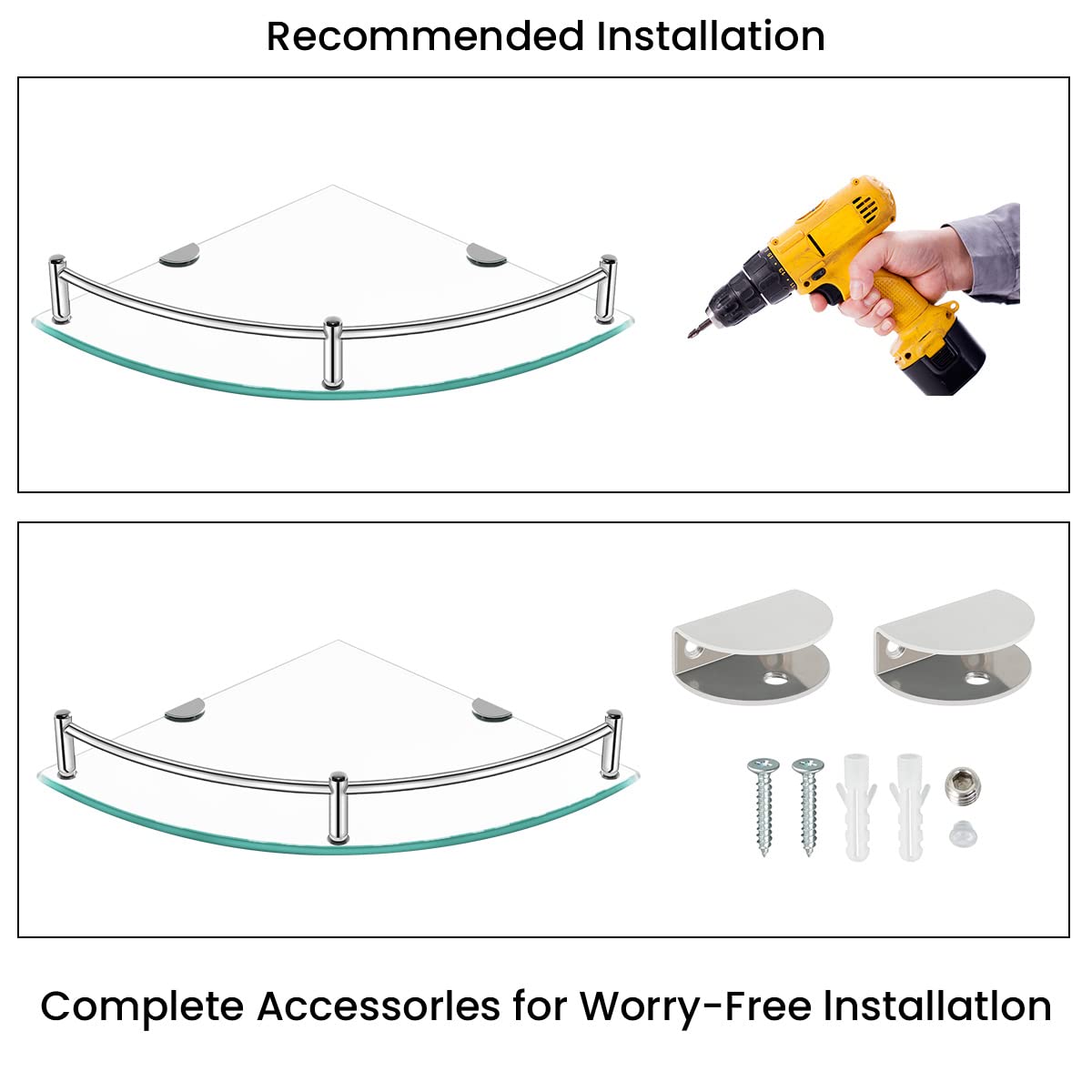 YorkHoMo Glass Corner Shelf Glass Shelves for Bathroom Shower Corner Shelf with Rail Wall Mounted Drill Hole for Inside Shower 2 Pack