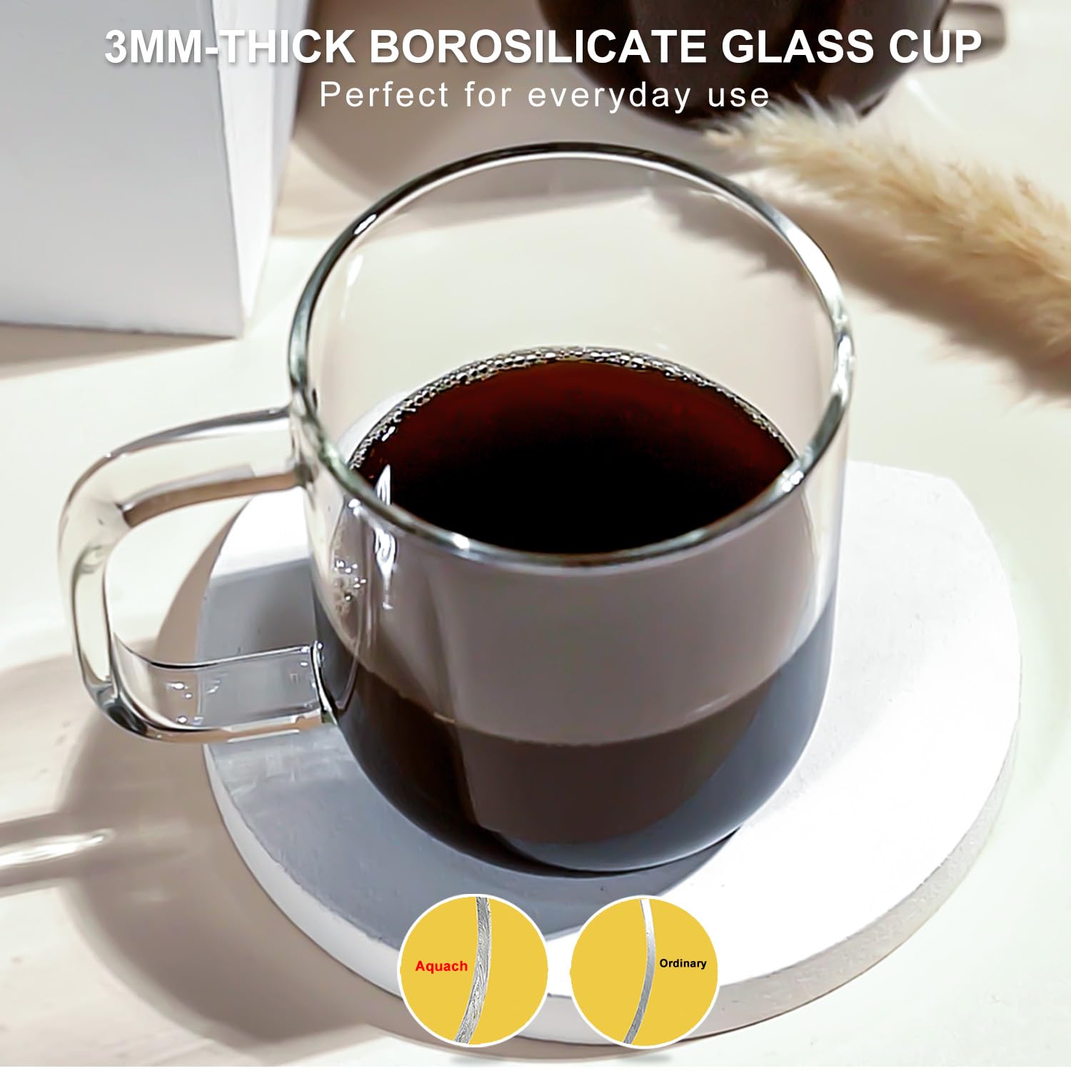 Aquach Glass Mugs 16 Oz Set Of 2, Large Clear Glass Cup With Handle For Hot/Cold Coffee Tea Beverage, Drinking Glasses