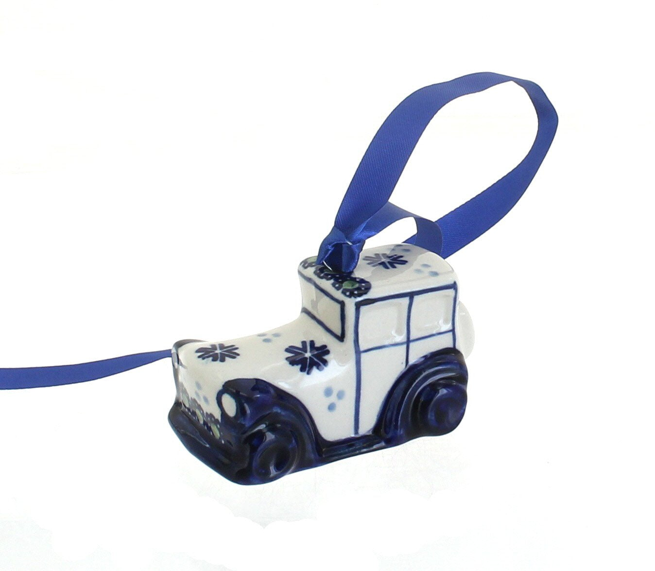 Blue Rose Polish Pottery - Blue Festive Fir Deco Auto Ornament - 2.75 Long - Hand-Painted Collectible Decoration