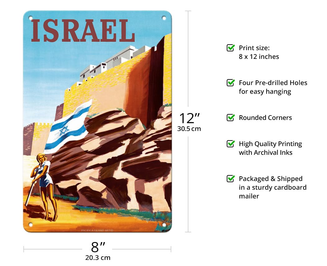 Israel - Zionist Heroic Girl Holding Israeli Flag - Walls of Jerusalem - Vintage Airline Travel Poster by Maurice Renluc c.1949-8 x 12 inch Vintage Metal Tin Sign
