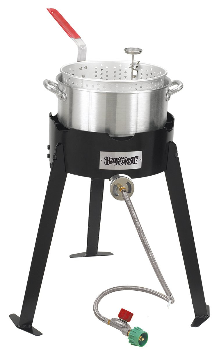 Bayou Classic Propane Outdoor Fryer Package With Steel Frame Cooker Base, Aluminum Fry Pot, Fryer Basket And Stainless Thermomet