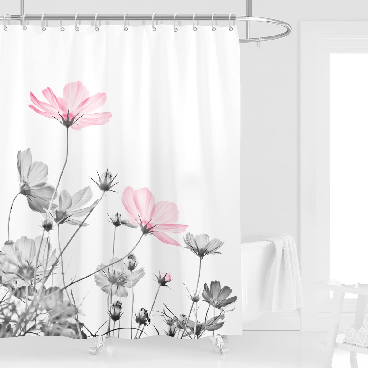 Kikiry Pink Gray Shower Curtain 60''W X 72''L White Grey Flowers Wildflower Daisy Floral Ink Painting Botanical Simple Elegance